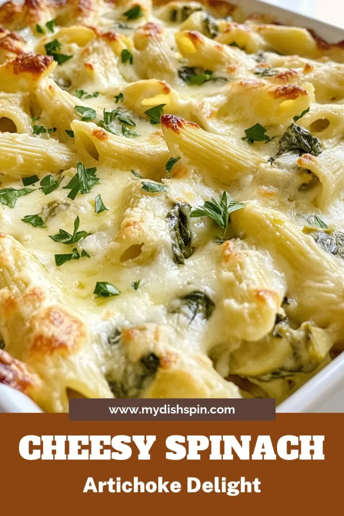 Indulge in a delicious Cheesy Spinach Artichoke Pasta Bake that brings together creamy goodness and cheesy delight! This Spinach Artichoke Pasta Recipe is easy to make, combining pasta with artichokes and fresh spinach for a comforting meal. Perfect as a main dish or side, this Cheesy Pasta Bake is sure to impress. Get ready to savor every bite of this Creamy Spinach Pasta Bake! Save this recipe for your next gathering! #PastaBake #CheesySpinachArtichoke #SpinachArtichokeRecipe #CreamyPastaBake