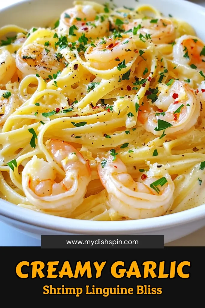 Indulge in this creamy garlic shrimp linguine that's perfect for any occasion! This easy shrimp pasta recipe features succulent shrimp coated in a rich linguine with garlic sauce, making it a delightful quick shrimp dinner recipe. Ready in just 25 minutes, it's a flavorful dish that will impress family and friends. Save this creamy shrimp linguine recipe for your next meal! #shrimpdinner #pastarecipes #shrimp #deliciousdinner