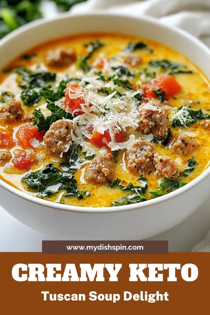 Looking for a delicious Keto Tuscan Soup recipe? This low-carb Italian soup is a creamy dream with healthy Italian sausage and vibrant greens. Perfect for a comforting meal, this gluten-free soup recipe packs a flavorful punch while keeping carbs in check. Enjoy a bowl of this hearty soup that’s ready in just 30 minutes! Don't forget to save this recipe for later! #KetoTuscanSoup #LowCarbRecipes #GlutenFreeSoup #HealthyEating