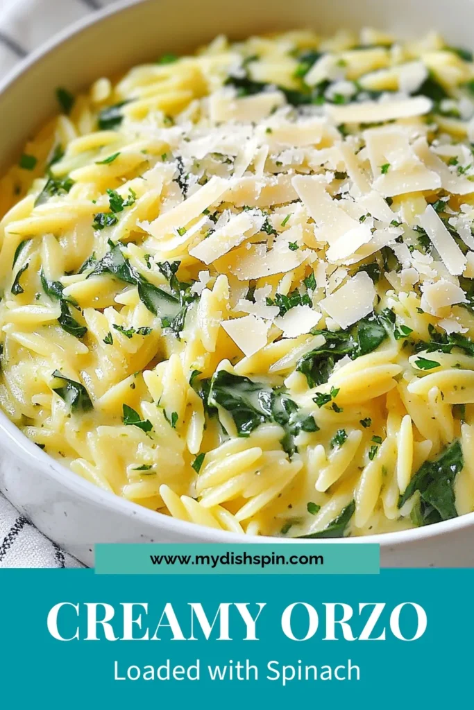 Discover the deliciousness of Creamy Parmesan Spinach Orzo, a delightful twist on orzo pasta recipes. This easy creamy orzo recipe combines fresh spinach and rich Parmesan for a satisfying vegetarian orzo with spinach that's perfect for any meal. Ready in just 25 minutes, it's a must-try for pasta lovers! Pin this recipe now and elevate your weeknight dinners! #CreamyParmesanSpinachOrzo #EasyCreamyOrzo #SpinachPastaDishes #VegetarianOrzo