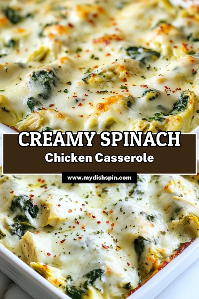 Indulge in this creamy spinach artichoke chicken casserole, an easy chicken casserole recipe perfect for busy nights! Combining flavors of spinach artichoke dip chicken with cheesy goodness, this baked spinach artichoke chicken dish is sure to become a family favorite. It's both delicious and simple to prepare—ideal for any gathering. Save this recipe now and transform your dinner routine! #EasyDinner #ChickenCasserole #SpinachArtichoke #ComfortFood