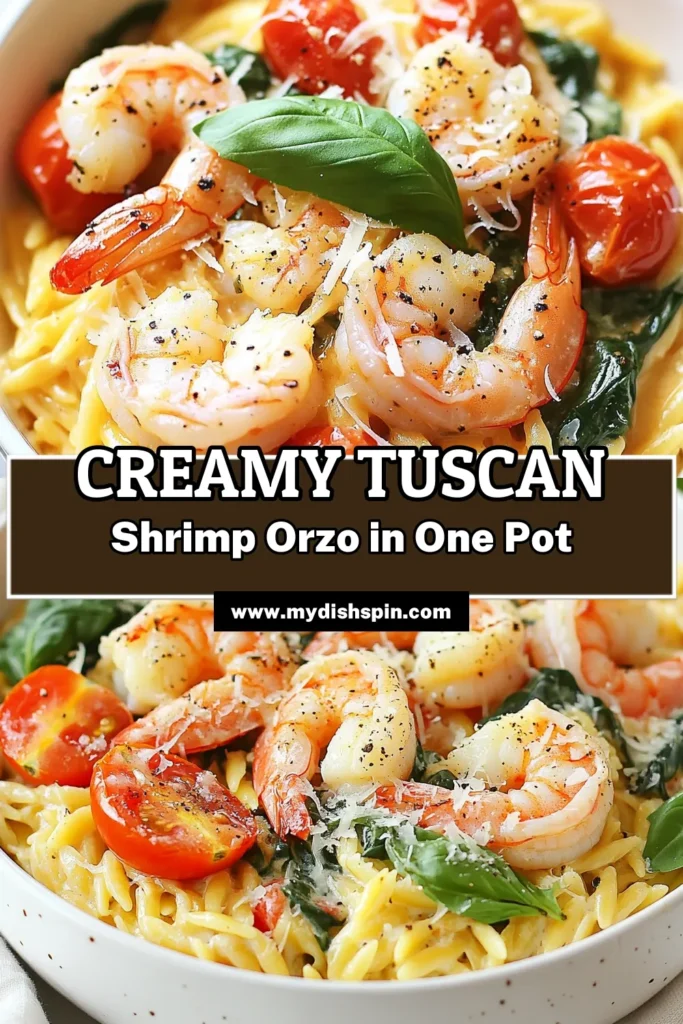 Discover the delicious One-Pot Creamy Tuscan Shrimp Orzo, the perfect dish for your quick dinner recipe needs! This easy orzo pasta dish features succulent shrimp, fresh spinach, and creamy goodness that will tantalize your taste buds. In just 30 minutes, you can whip up this amazing Shrimp Pasta with Spinach for satisfying weeknight meals. Save this Creamy Tuscan Shrimp Recipe for your next culinary adventure! #OnePotShrimpOrzo #EasyOrzoPastaDishes #ShrimpPasta #QuickDinnerRecipes
