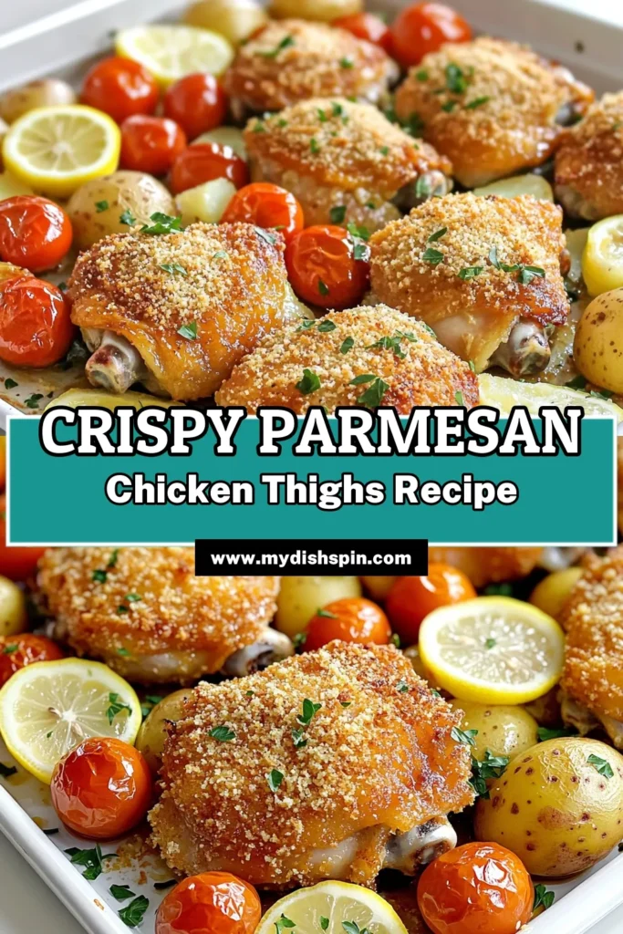 Looking for a delicious and easy weeknight dinner? Try these Sheet Pan Parmesan Chicken Thighs! This mouthwatering recipe features crispy chicken thighs coated in a cheesy breadcrumb mixture, paired with tender baby potatoes and juicy cherry tomatoes, all baked to perfection on one pan. It's a simple, flavorful meal that the whole family will love! Click to explore the full recipe and bring this tasty dish to your table! #SheetPanDinner #ChickenRecipes #EasyCooking #WeeknightMeals