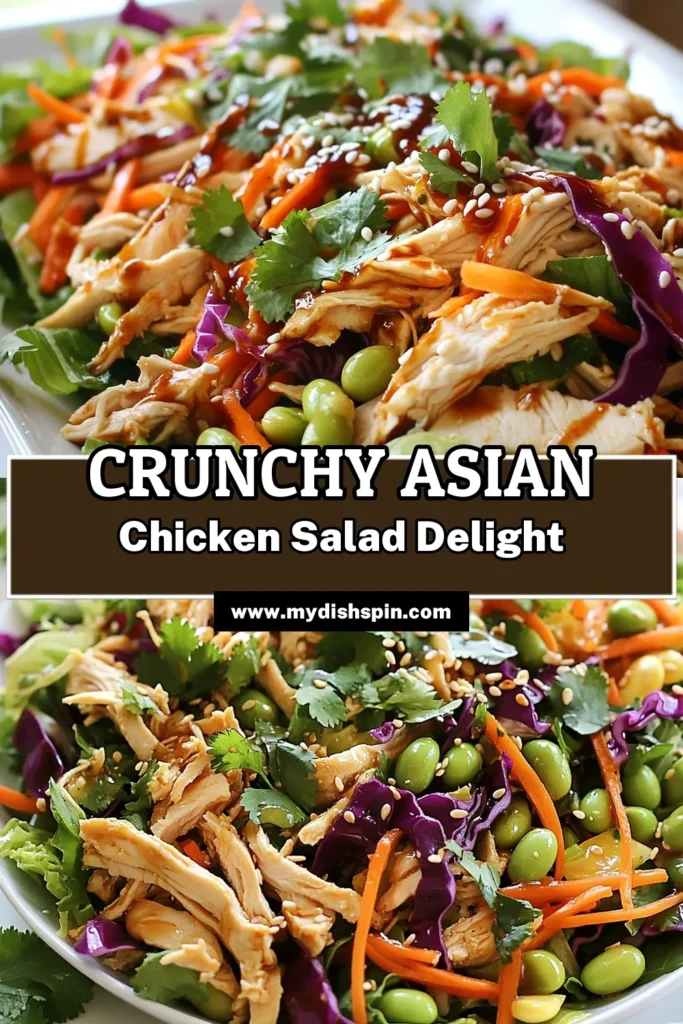 Looking for a fresh take on dinner? Try this Crunchy Asian Chicken Salad, a delicious Sesame Chicken Salad Recipe packed with flavor and nutrients. Loaded with vibrant veggies, this Asian Salad with Edamame is not only gluten-free but also a healthy chicken salad recipe perfect for weeknight meals. Enjoy crisp, savory bites that are satisfying and refreshing. Save this recipe now and make meal prep a breeze! #AsianSalad #HealthyEating #GlutenFree #ChickenSalad