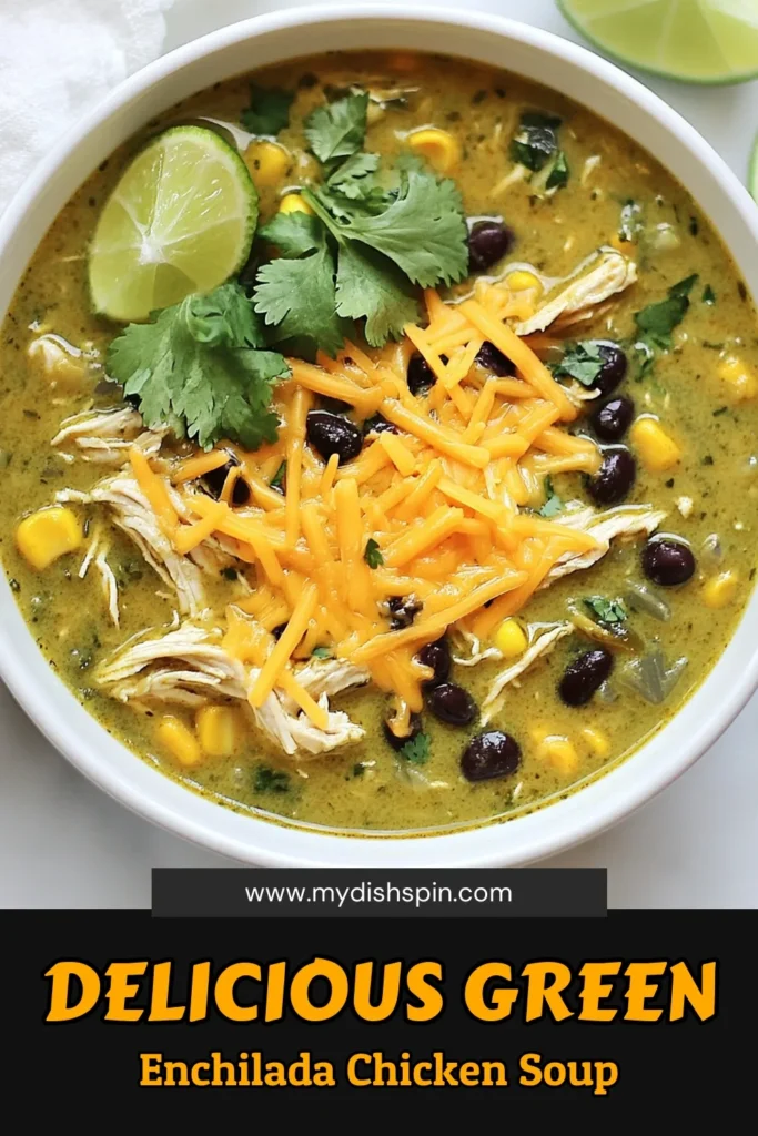 Craving a warm bowl of Green Enchilada Chicken Soup? Try this delicious Chicken Enchilada Soup Recipe that brings comfort food to a new level. This easy soup recipe is packed with flavor, featuring tender chicken, black beans, and fresh corn in a zesty green enchilada sauce. Perfect for a healthy chicken soup option, it's ideal for cozy nights in. Click to get the full recipe and satisfy your soup cravings! #GreenEnchiladaChickenSoup #EasySoupRecipe #ComfortFoodSoup #HealthyChickenSoup