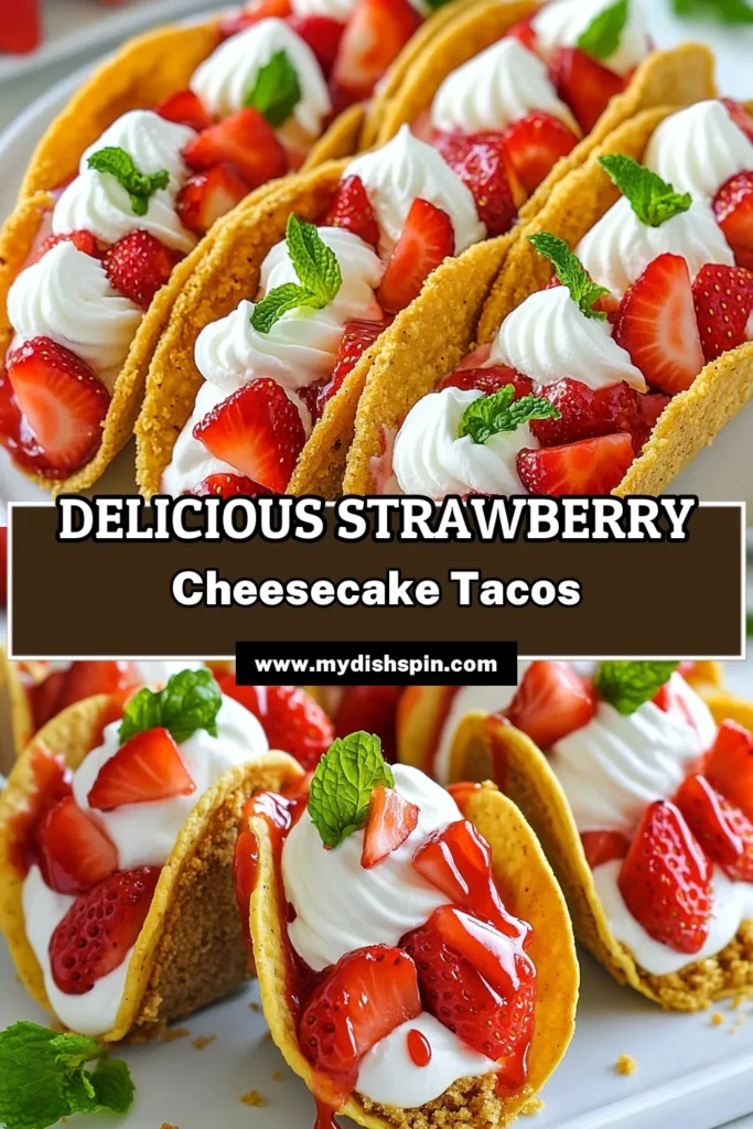Indulge in these delicious Strawberry Cheesecake Tacos, the perfect crunchy cheesecake dessert you can enjoy anytime! This no-bake strawberry taco recipe features mini cheesecake tacos filled with a creamy strawberry filling and topped with fresh strawberries and whipped cream. Easy to make and sure to impress, these treats are perfect for gatherings. Save this easy strawberry dessert recipe for your next celebration! #StrawberryDessert #CheesecakeTacos #NoBakeRecipe #DessertLovers