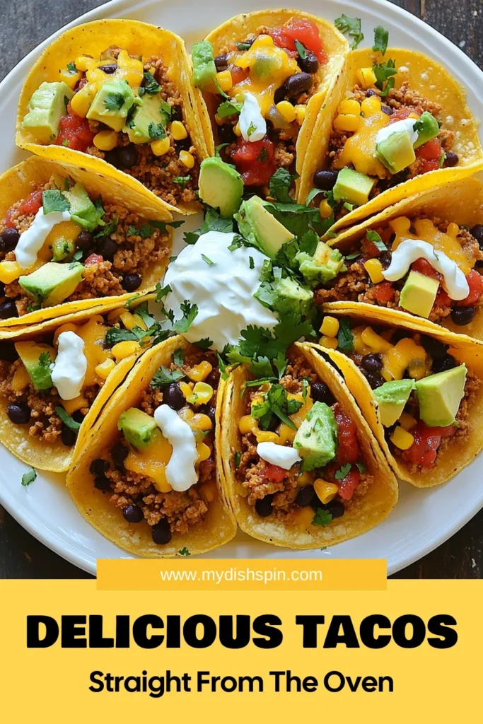 Make your next dinner a hit with this easy baked taco recipe! Perfect for a taco fiesta, these cheesy baked tacos with ground turkey are a crowd-pleaser. Packed with flavorful ingredients like black beans, corn, and salsa, they are ready in just 30 minutes. Enjoy a fun and delicious easy taco night that the whole family will love. Save this recipe for your next taco night and spice up your meals! #BakedTacos #TacoFiesta #EasyTacoNight #GroundTurkeyTacos