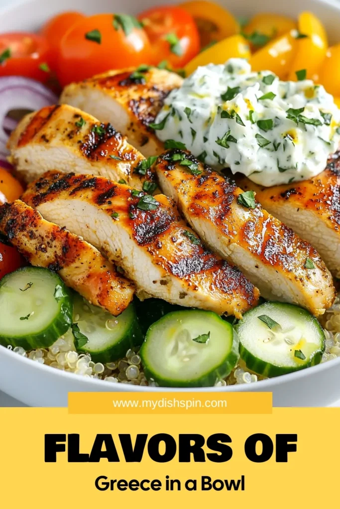 Discover the deliciousness of Greek chicken gyro bowls! This healthy chicken gyro recipe combines marinated chicken thighs, fresh vegetables, and a creamy tzatziki sauce recipe, all served on a bed of quinoa for a satisfying meal. Perfect for a quick weeknight dinner, this Mediterranean chicken bowl is as nutritious as it is flavorful. Save this easy quinoa bowl recipe for your next meal prep! #GreekChickenGyroBowls #HealthyRecipes #MediterraneanDiet #MealPrepIdeas