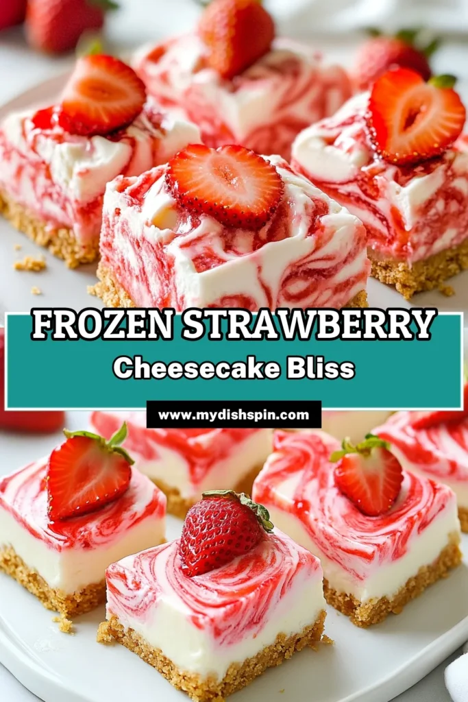 Indulge in these delicious Frozen Strawberry Cheesecake Bars, the perfect easy cheesecake bars recipe for any occasion! This no-bake strawberry dessert combines fresh strawberries and creamy cheesecake for a refreshing frozen treat. Whip up this frozen cheesecake recipe in just 20 minutes and delight your guests with strawberry dessert bars that are sure to impress. Save this recipe for your next gathering! #CheesecakeBars #FrozenDesserts #NoBakeDesserts #StrawberryRecipes