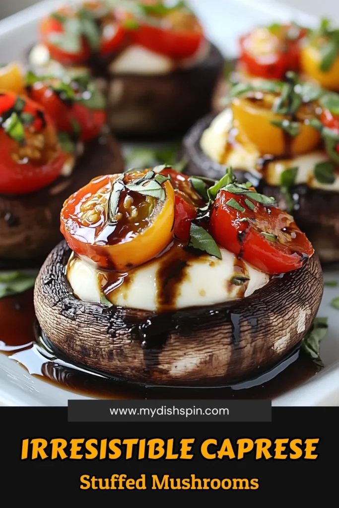 Discover the deliciousness of Caprese stuffed mushrooms with this simple Portobello mushroom recipe! These easy stuffed mushrooms are perfect for a quick meal or a tasty appetizer. With cherry tomatoes, fresh mozzarella, and fragrant basil, this vegetarian mushroom recipe is sure to impress. Bake your Caprese mushrooms for a delightful treat that everyone will love. Save this recipe for your next gathering! #CapreseStuffedMushrooms #PortobelloMushroomRecipe #VegetarianRecipes #EasyStuffedMushrooms