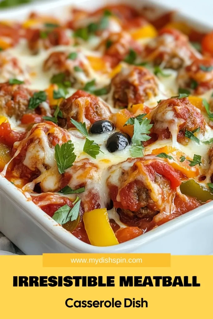 Indulge in this savory meatball casserole that combines ground beef and turkey meatballs for a delicious and hearty meal. This easy meatball recipe features a creamy marinara meatball dish layered with colorful bell peppers and topped with gooey mozzarella cheese. Perfect for family dinners, this baked meatball casserole is sure to impress! Save this recipe for a cozy night in! #MeatballCasserole #EasyRecipes #ComfortFood #DinnerIdeas