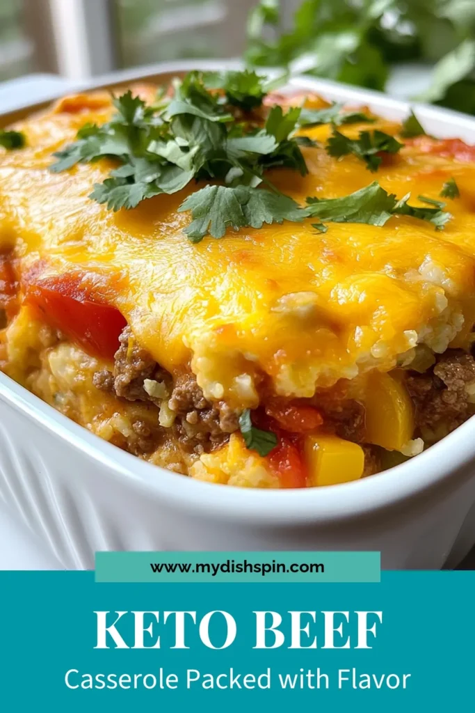 Enjoy a delicious Keto Mexican Casserole that's perfect for a healthy keto dinner! This low carb beef casserole features flavorful ground beef, riced cauliflower, and a zesty blend of spices for a satisfying meal. With just 15 minutes of prep time, this Mexican beef casserole is simple to make and packed with nutrients. Try this easy cauliflower recipe today and delight your taste buds! Save for later! #KetoRecipes #LowCarb #HealthyDinner #CauliflowerCasserole
