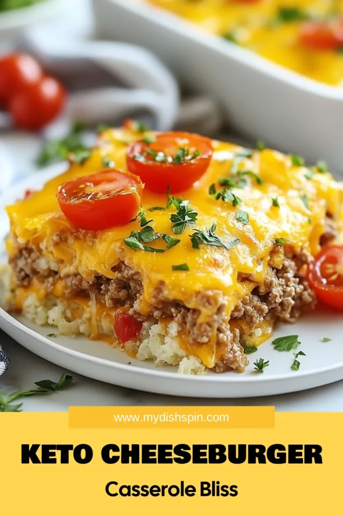 Satisfy your cravings with this delicious Keto Cheeseburger Casserole, a perfect low carb casserole recipe for weeknight dinners. Made with ground beef, cauliflower rice, and melty cheddar cheese, it’s one of the best keto dinner ideas out there. This easy dish is not only tasty but also healthy! Try this ground beef casserole tonight for a filling meal your family will love. Save this recipe for later! #KetoCheeseburgerCasserole #LowCarbCasserole #KetoDinnerIdeas #CauliflowerRiceRecipes