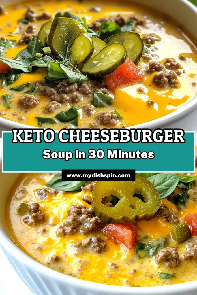 Discover the ultimate comfort food with this Keto cheeseburger soup! This creamy cheeseburger soup is not only delicious but also a low-carb soup recipe perfect for a keto-friendly meal. With easy keto recipes like this, meal prep has never been simpler. Gather your ingredients and enjoy a warm bowl of flavor! Save this recipe for later and delight in every bite. #KetoCheeseburgerSoup #LowCarbRecipes #EasyKeto #KetoMeals