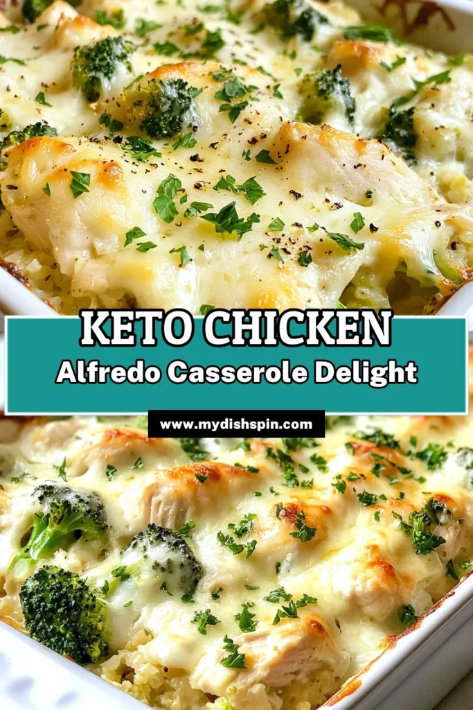 Looking for a delicious low carb dinner? Try this Keto Chicken Alfredo Casserole! Combining tender shredded chicken, creamy alfredo sauce, broccoli, and cauliflower, this Keto Chicken Alfredo is not only simple but also a satisfying Low Carb Casserole Recipe. Perfect for weeknight meals, it's one of the best Keto Dinner Recipes you'll make! Save this recipe for a tasty meal tonight! #KetoChickenAlfredo #LowCarbCasserole #KetoDinnerRecipes #ChickenAlfredoCasserole
