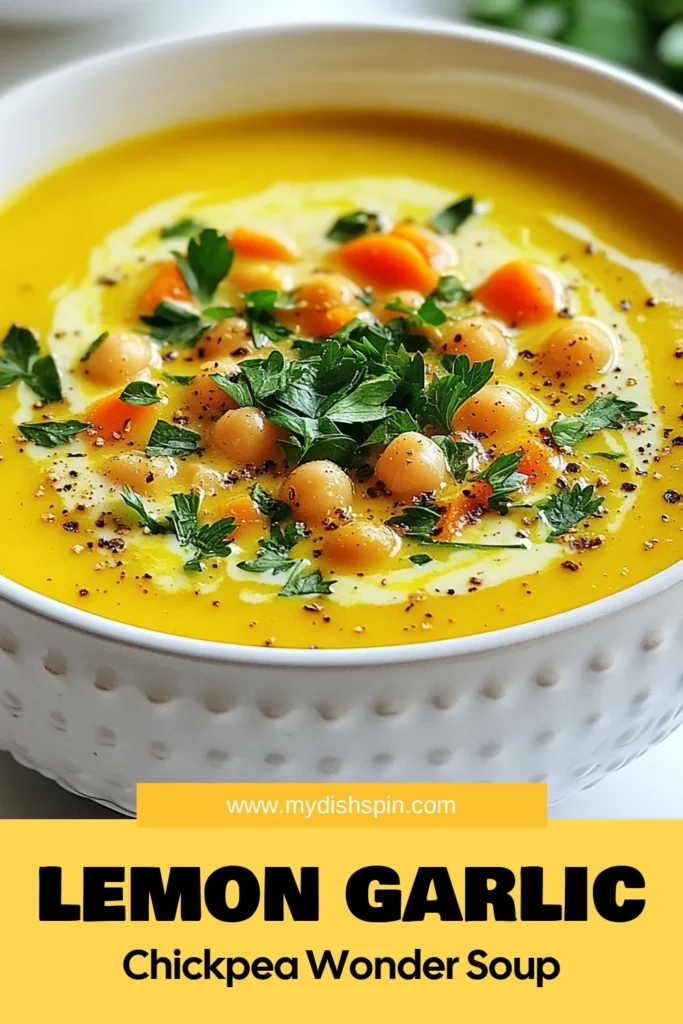 Discover the delightful flavors of Lemon Garlic Chickpea Soup, an easy and healthy vegetarian soup perfect for any occasion. This chickpea soup recipe combines garlic, spices, and fresh lemon juice for a refreshing vegan garlic soup experience. Whip up this hearty meal in under 40 minutes and enjoy its wholesome goodness. Save this recipe for a nutritious kitchen favorite today! #LemonGarlicChickpeaSoup #ChickpeaSoupRecipe #HealthyVegetarianSoup #EasyLemonGarlicSoup