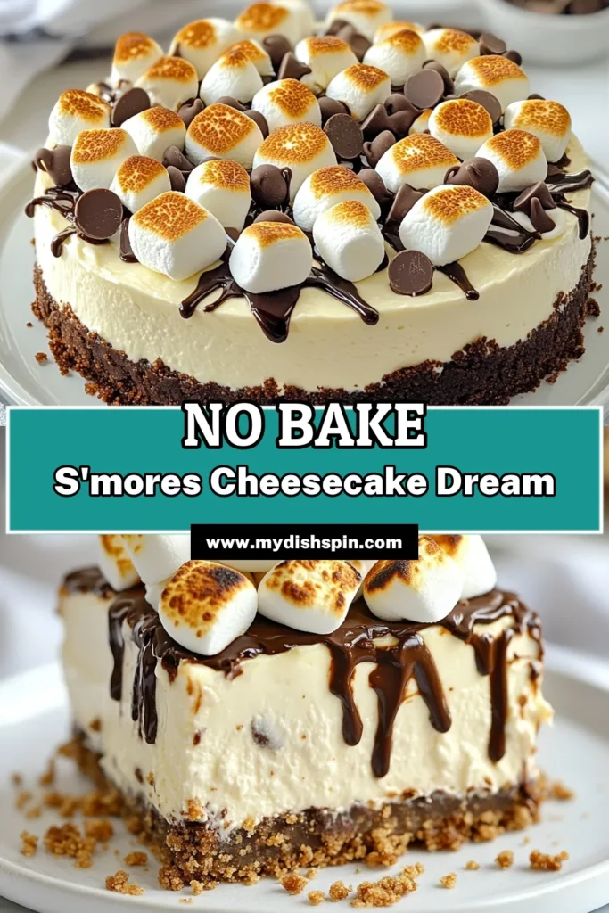 Indulge in this irresistible S’mores No Bake Cheesecake recipe that combines the flavors of creamy cheesecake with the nostalgic taste of s’mores! This easy s’mores dessert features a graham cracker crust and a fluffy filling with marshmallows and chocolate chips. Perfect for gatherings, it's a chocolate cheesecake dessert that's sure to impress. Try this delightful cheesecake with marshmallows today! Save for later! #SmoreDessert #NoBakeCheesecake #CheesecakeWithMarshmallows #EasyDesserts