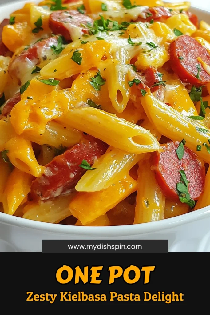 Discover the ultimate one pot kielbasa pasta recipe that's sure to become a family favorite! This zesty sausage pasta recipe features tender penne pasta with kielbasa, packed with flavor from garlic, onions, and bell peppers. Perfect for an easy one pot dinner, this kielbasa pasta with cheese is a creamy delight! Save this recipe for a quick weeknight meal your loved ones will adore! #OnePotKielbasaPasta #EasyDinner #PastaRecipe #KielbasaLove