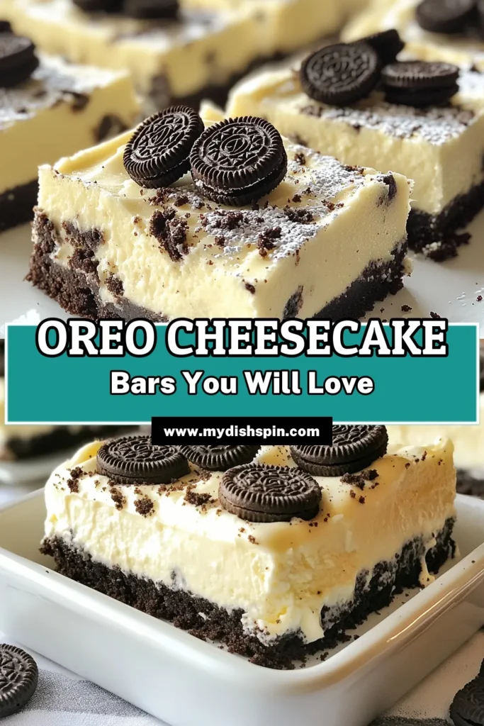 Indulge in these delicious no-bake Oreo cheesecake bars that combine rich cream cheese and crunchy Oreos for the ultimate dessert treat. This easy cheesecake recipe is perfect for any occasion, transforming simple ingredients into a creamy, dreamy no-bake Oreo dessert. Try this mini Oreo dessert that everyone will love, and elevate your dessert game! Click to save this delightful recipe today! #OreoCheesecakeBars #NoBakeDessert #CreamCheeseDessert #EasyCheesecakeRecipe