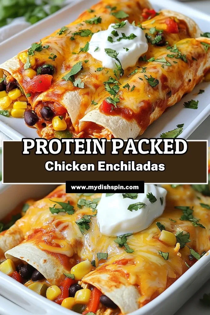 Looking for a delicious way to enjoy a healthy chicken enchiladas recipe? Try these high protein chicken enchiladas packed with shredded chicken, black beans, and fresh veggies. Made with whole wheat tortillas and topped with low-fat cheese, these cheesy chicken enchiladas are perfect for a nutritious meal. Discover these low-fat enchiladas that your family will love. Save this recipe for a tasty dinner idea! #HealthyRecipes #ChickenEnchiladas #MealPrep #HighProteinMeals