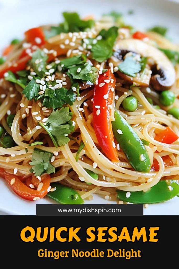 Looking for a delicious and healthy meal? Try this sesame ginger noodle recipe, which brings together vibrant flavors in a quick rice noodle recipe. Enjoy a gluten-free noodle stir fry packed with colorful vegetables like red bell pepper, snap peas, and shiitake mushrooms. Perfect for a quick weeknight dinner, this vegetable stir fry noodles dish is made in just 25 minutes. Save this healthy sesame oil stir fry for your next meal! #SesameGingerNoodles #GlutenFreeRecipes #HealthyEating #QuickDinnerIdeas