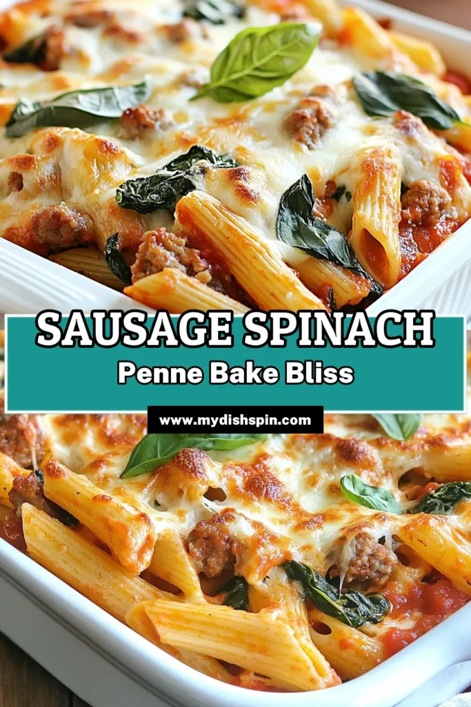 Discover the ultimate comfort food with this Sizzling Sausage Baked Penne! Packed with flavor, this Italian Sausage Pasta Bake features tender penne, cheesy goodness, and fresh spinach. This Easy Baked Penne Recipe is perfect for your weeknight meals or family gatherings. Don't miss out on this Cheesy Sausage and Spinach Pasta that everyone will love! Save this Spinach Penne Pasta Recipe for later! #PastaRecipe #BakedPenne #ItalianCuisine #ComfortFood