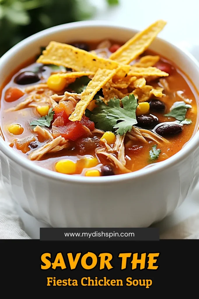 Discover the vibrant flavors of Fiesta Chicken Tortilla Soup with this easy tortilla soup recipe! Packed with healthy ingredients like chicken, black beans, and corn, this Mexican soup recipe is a winner for any meal. Perfect for weeknight dinners, it’s not just delicious but also nutritious, making it your go-to healthy chicken soup. Click for the full recipe and save for later! #ChickenTortillaSoup #EasyTortillaSoup #MexicanSoup #HealthyChickenSoup
