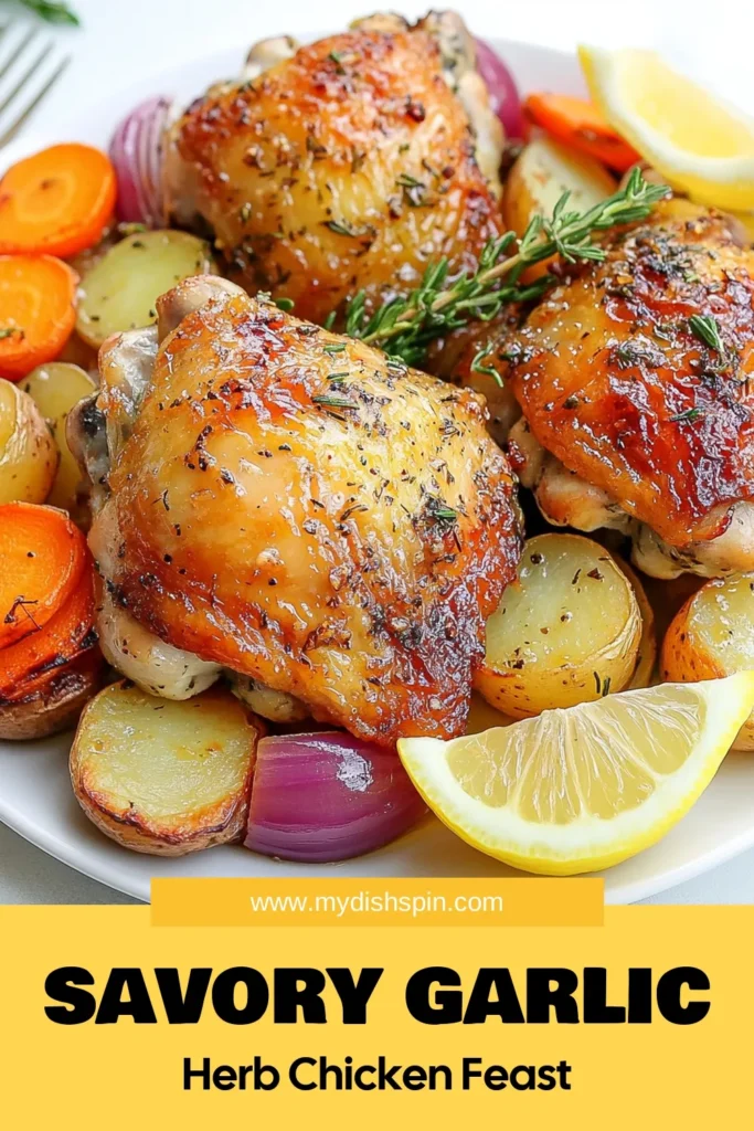 Discover the perfect weeknight meal with this easy Garlic Herb Roasted Chicken and Veggies recipe! Juicy roasted chicken thighs are paired with flavorful veggies for a delicious one-pan chicken dinner that your family will love. This simple roasted chicken thighs recipe is packed with garlic, herbs, and ready in just 55 minutes. Click to save this flavorful roasted chicken recipe for quick dinner ideas! #RoastedChicken #OnePanMeal #EasyRecipes #ChickenDinner