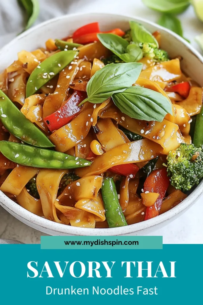 Discover a delicious and vibrant Thai Drunken Noodles recipe, perfect for a spicy Thai noodle dish! This flat rice noodles stir-fry is packed with fresh vegetables and fragrant Thai basil for an unforgettable meal. Whether you're seeking easy vegetarian Thai recipes or a quick dish to delight your taste buds, this easy drunken noodles recipe is your answer. Save this recipe for a delightful weeknight dinner! #ThaiDrunkenNoodles #StirFry #VegetarianRecipes #EasyNoodles