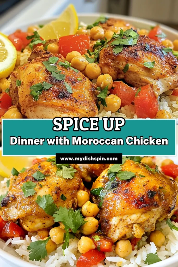 Indulge in the flavors of Morocco with this Spicy Moroccan Chicken and Rice recipe! Perfectly tender Moroccan chicken thighs paired with aromatic basmati rice make for a delightful dish. Enhance your dinner table with this easy Chicken and Rice recipe, featuring chickpea rice pilaf for a nutritious twist. Dive into this one-pot wonder and experience a new favorite meal tonight. Save it for later! #MoroccanChicken #BasmatiRiceDishes #ChickpeaRicePilaf #SpicyMoroccanChicken