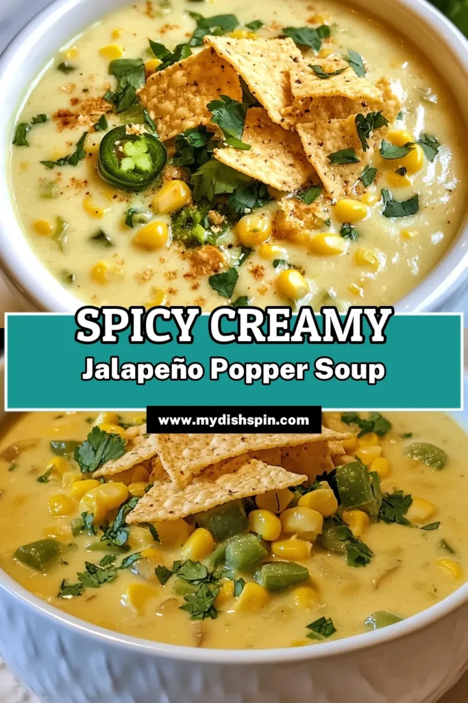 Warm up with this delicious Jalapeño Popper Soup recipe! This creamy jalapeño soup combines spicy jalapeños, rich cream cheese, and sharp cheddar for a cheesy jalapeño soup that will tantalize your taste buds. Perfect for chilly days or gatherings, this corn and cheese soup is an inviting option for your menu. Ready in just 30 minutes, it's easy to make and packed with flavor! Try it tonight and enjoy every spoonful. Save this recipe for later! #JalapenoPopperSoup #SpicySoupRecipes #CheesyJalapenoSoup #CornandCheeseSoup
