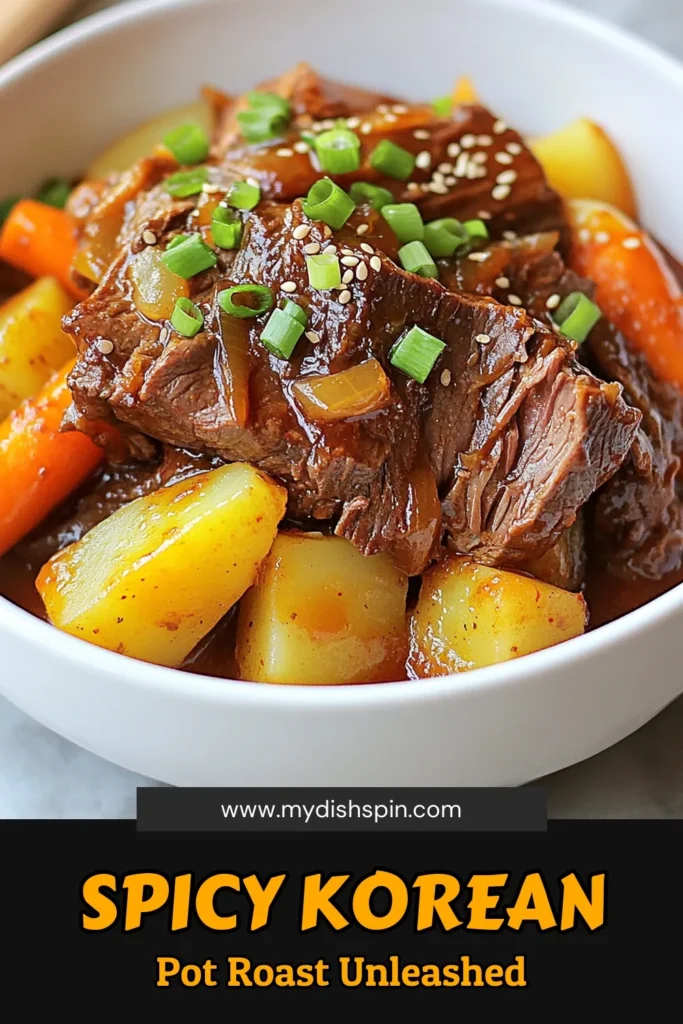 Discover an incredible Korean pot roast recipe that will elevate your dinner game! This slow cooker Korean roast features tender gochujang beef chuck roast infused with delicious spices. Perfect for a cozy meal, this spicy Korean pot roast is not only easy to make but also a must-try among gochujang recipes. Ready to impress family and friends? Save this recipe for your next dinner adventure! #KoreanPotRoast #SlowCookerRecipes #Gochujang #ComfortFood