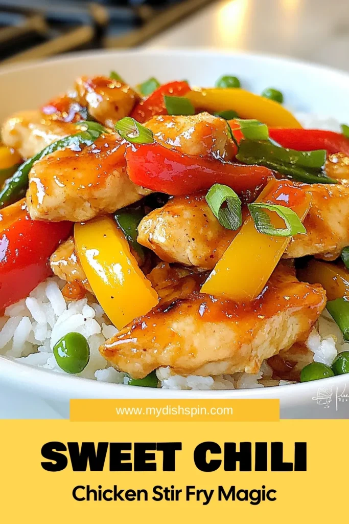 Discover a delicious Sweet Chili Chicken Stir Fry that's perfect for a quick weeknight dinner! This easy weeknight dinner features tender chicken strips mixed with vibrant vegetables like bell peppers and sugar snap peas. In just 25 minutes, whip up a healthy stir fry with vegetables in a Thai-inspired sweet chili sauce. Perfect for busy nights, you'll love this quick chicken stir fry recipe. Don’t forget to save this recipe for later! #SweetChiliChickenStirFry #EasyDinner #HealthyRecipes #QuickMeals