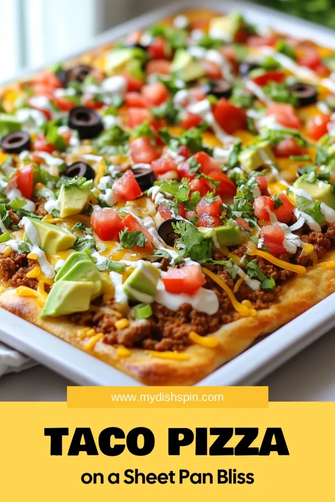 Discover the deliciousness of Sheet Pan Taco Pizza, an easy taco pizza recipe that transforms your favorite flavors into a one pan pizza dinner. Perfect for busy weeknights, this taco-inspired pizza is loaded with refried beans, seasoned meat, and fresh toppings for a satisfying meal. Get your family around the table and try this fun twist on pizza! Save this recipe for later and enjoy! #SheetPanTacoPizza #TacoPizzaRecipe #EasyTacoPizza #OnePanPizzaDinner