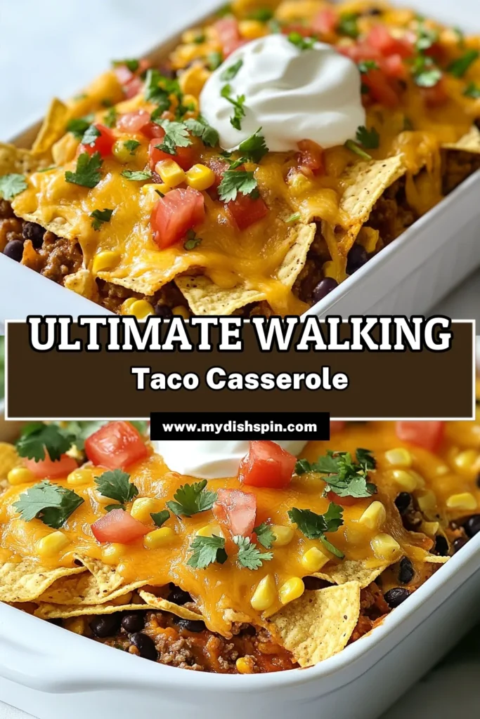Discover the ultimate comfort food with this easy Walking Taco Casserole! Perfect for family dinners, this cheesy walking tacos dish features layers of ground beef, black beans, corn, and crunchy tortilla chips, all topped with melty cheddar cheese. An irresistible baked tortilla chip casserole that’s quick to make. Try this easy taco casserole recipe today, and get ready for deliciousness! Save for later and enjoy every bite! #WalkingTacoCasserole #EasyTacoCasseroleRecipe #GroundBeefTacoCasserole #CheesyWalkingTacos