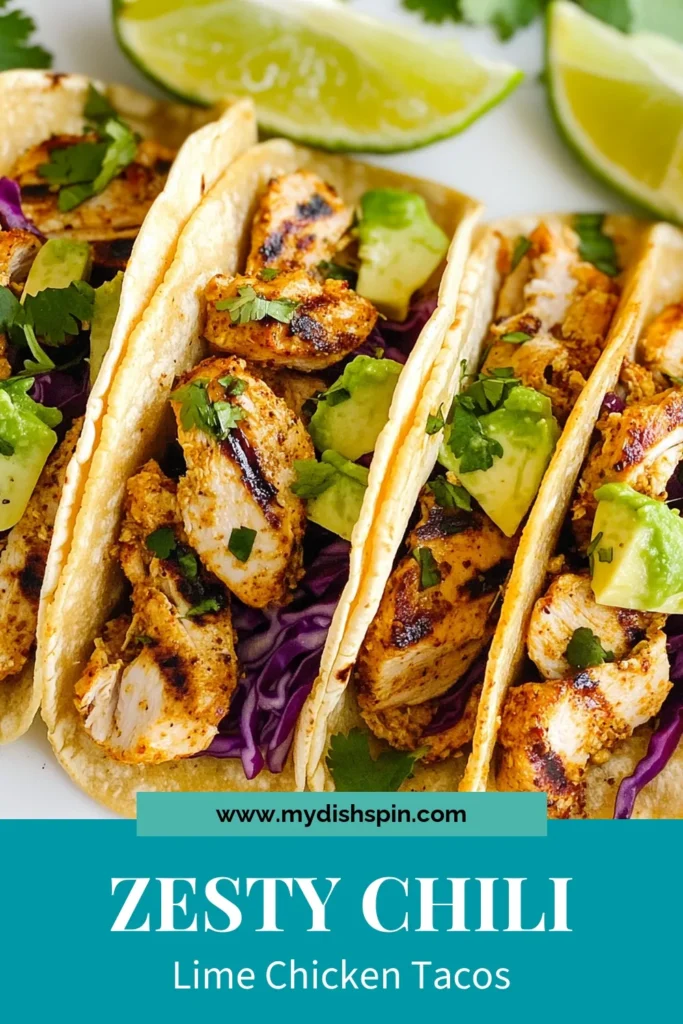 Savor the vibrant flavors of Chili Lime Chicken Tacos! This easy tacos recipe features marinated chicken cooked to perfection and served in soft corn tortillas. Topped with creamy avocado and crunchy red cabbage, these avocado chicken tacos are a hit for any meal. Get the recipe now and elevate your taco night! Don’t forget to save this delicious dish! #ChiliLimeChickenTacos #EasyTacosRecipe #MarinatedChickenTacos #CornTortillasTacos