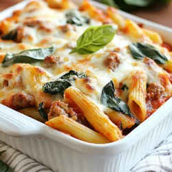 - 12 oz penne pasta - 1 lb Italian sausage (mild or spicy) - 2 cups fresh spinach, chopped - 1 cup ricotta cheese - 2 cups marinara sauce - 1 cup shredded mozzarella cheese - 1/2 cup grated Parmesan cheese - 1 teaspoon garlic powder - 1 teaspoon onion powder - 1/2 teaspoon red pepper flakes (optional) - Salt and pepper to taste - Fresh basil leaves for garnish You can switch out the penne for any pasta. I love using ziti or rigatoni. If you prefer turkey or chicken, try those sausages instead. For a lighter dish, you can use low-fat ricotta. If you need a dairy-free option, try cashew cheese. You can leave out red pepper flakes for a milder taste. Pick fresh spinach that is bright and crisp. Choose sausage with good spices and fresh meat. Look for ricotta cheese that is creamy, not dry. Use a marinara sauce without too many added sugars. When you buy mozzarella, go for blocks or fresh cheese instead of pre-shredded. This choice gives a better melt and flavor. {{ingredient_image_1}} Start by gathering your ingredients. You will need penne pasta, Italian sausage, spinach, ricotta cheese, marinara sauce, mozzarella cheese, Parmesan cheese, garlic powder, onion powder, red pepper flakes, salt, and pepper. This dish is simple yet so hearty. 1. Preheat your oven to 375°F (190°C). This will help the cheese melt perfectly. 2. Boil water in a large pot and add salt. Cook the penne pasta until it is al dente. This usually takes about 10-12 minutes. Drain the pasta and set it aside. 3. In a large skillet, cook the Italian sausage. First, remove the casing and crumble the meat. Cook it over medium heat for about 6-8 minutes, until it is browned. 4. Next, add the chopped spinach to the skillet. Stir and cook for about 2 minutes, until the spinach wilts. 5. In a large bowl, mix the cooked penne, sausage, spinach, ricotta cheese, marinara sauce, garlic powder, onion powder, and red pepper flakes. Stir well to combine everything. 6. Season the mixture with salt and pepper to taste. Transfer the mixture into a greased 9x13 inch baking dish. Evenly sprinkle the shredded mozzarella and grated Parmesan cheese on top. Bake in the preheated oven for 25-30 minutes. You will know it’s ready when the cheese is bubbly and golden brown. Once baked, let it sit for 5 minutes before serving. Garnish with fresh basil leaves for a burst of flavor and color. Enjoy your delicious meal! To make your baked penne shine, cook the pasta just right. Aim for al dente, which means firm but not hard. This way, it won’t get mushy when baked. Mix well to ensure every bite has sausage, spinach, and cheese. Bake until the top is golden brown. This gives a nice crunch. One common mistake is overcooking the pasta. It should be slightly underdone since baking will finish the job. Another error is skimping on seasoning. Use salt and pepper generously for the best flavor. Also, don’t forget to let it sit after baking. This prevents burns and helps the dish set. To boost flavor, try adding herbs like oregano or thyme. A splash of red wine in the sauce can add depth, too. For texture, consider adding roasted vegetables or olives. If you want a cheesy crust, mix some extra mozzarella with breadcrumbs before baking. These small tweaks can elevate your dish to a new level! Pro Tips Cook Pasta Al Dente: Make sure to cook the penne pasta just until al dente to prevent it from becoming mushy during baking. Use Fresh Ingredients: Fresh spinach and high-quality sausage can elevate the flavor of your dish significantly. Mix Cheeses: For added flavor, consider mixing different types of cheese, like provolone or gouda, with mozzarella. Let it Rest: Allow the baked penne to sit for a few minutes after removing it from the oven; this helps it set and makes serving easier. {{image_2}} You can easily make this dish meat-free. For a vegetarian baked penne, skip the sausage. Use mushrooms or lentils instead for texture. You can also add grilled zucchini or eggplant for more flavor. To make it vegan, swap ricotta for tofu blended with lemon juice and nutritional yeast. Use vegan cheese to keep it creamy and tasty. These options will still give you a wonderful meal. If you want a different taste, try other sausage types. Chicken or turkey sausage makes a lighter dish. For a kick, use spicy sausage or chorizo. You can even find plant-based sausages that taste great. Choose what fits your taste best. Each option will add a unique twist to your baked penne. You can enhance the dish with a few extra ingredients. Try adding bell peppers or sun-dried tomatoes for a burst of color and taste. Black olives add a nice salty touch. For more greens, throw in some kale or broccoli. Fresh herbs like oregano or thyme also boost flavor. Mix and match these add-ons to create your perfect baked penne. To store leftover baked penne, let it cool first. Place it in a container with a tight lid. This keeps moisture in and prevents drying. You can also use plastic wrap to cover it tightly. Store it in the fridge for up to three days. When you're ready to enjoy the leftovers, preheat your oven to 350°F (175°C). Place the baked penne in an oven-safe dish. Cover it with foil to keep it moist. Heat for about 20 minutes. You can also microwave it in a safe bowl. Heat in short bursts of 1-2 minutes, stirring in between. Freezing baked penne is a great idea for meal prep. First, let it cool completely. Cut it into portions for easy thawing. Wrap each portion tightly in plastic wrap and then place in a freezer bag. Label the bag with the date. Baked penne can stay good in the freezer for up to three months. When ready to eat, thaw it overnight in the fridge before reheating. Yes, you can prepare Baked Penne ahead of time. Cook the penne and sausage, then mix with the other ingredients. Place everything in your baking dish. Cover it and store it in the fridge. You can bake it later. If you bake it from the fridge, it may need extra time. Always check that it is hot in the center. Baked Penne pairs well with many sides. Here are some tasty choices: - Garlic bread for a crunchy bite - A fresh green salad for a light touch - Steamed veggies for added nutrition - A glass of red wine for special meals These sides will enhance your meal and make it feel complete. To add heat to your Baked Penne, try these ideas: - Use spicy Italian sausage instead of mild - Increase the red pepper flakes in the mix - Add sliced jalapeños or crushed red pepper on top These options will give your dish a nice kick and make it more exciting! Baked penne is an easy and tasty dish. We covered the best ingredients, tips for cooking, and how to store leftovers. I shared ways to tweak the recipe for different diets too. As you try making baked penne, remember these steps and ideas. They can help you avoid mistakes and make your dish even better. Enjoy your cooking journey and have fun with flavors!
