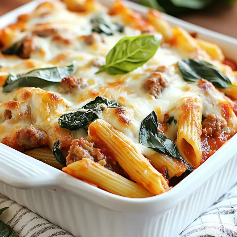 - 12 oz penne pasta - 1 lb Italian sausage (mild or spicy) - 2 cups fresh spinach, chopped - 1 cup ricotta cheese - 2 cups marinara sauce - 1 cup shredded mozzarella cheese - 1/2 cup grated Parmesan cheese - 1 teaspoon garlic powder - 1 teaspoon onion powder - 1/2 teaspoon red pepper flakes (optional) - Salt and pepper to taste - Fresh basil leaves for garnish You can switch out the penne for any pasta. I love using ziti or rigatoni. If you prefer turkey or chicken, try those sausages instead. For a lighter dish, you can use low-fat ricotta. If you need a dairy-free option, try cashew cheese. You can leave out red pepper flakes for a milder taste. Pick fresh spinach that is bright and crisp. Choose sausage with good spices and fresh meat. Look for ricotta cheese that is creamy, not dry. Use a marinara sauce without too many added sugars. When you buy mozzarella, go for blocks or fresh cheese instead of pre-shredded. This choice gives a better melt and flavor. {{ingredient_image_1}} Start by gathering your ingredients. You will need penne pasta, Italian sausage, spinach, ricotta cheese, marinara sauce, mozzarella cheese, Parmesan cheese, garlic powder, onion powder, red pepper flakes, salt, and pepper. This dish is simple yet so hearty. 1. Preheat your oven to 375°F (190°C). This will help the cheese melt perfectly. 2. Boil water in a large pot and add salt. Cook the penne pasta until it is al dente. This usually takes about 10-12 minutes. Drain the pasta and set it aside. 3. In a large skillet, cook the Italian sausage. First, remove the casing and crumble the meat. Cook it over medium heat for about 6-8 minutes, until it is browned. 4. Next, add the chopped spinach to the skillet. Stir and cook for about 2 minutes, until the spinach wilts. 5. In a large bowl, mix the cooked penne, sausage, spinach, ricotta cheese, marinara sauce, garlic powder, onion powder, and red pepper flakes. Stir well to combine everything. 6. Season the mixture with salt and pepper to taste. Transfer the mixture into a greased 9x13 inch baking dish. Evenly sprinkle the shredded mozzarella and grated Parmesan cheese on top. Bake in the preheated oven for 25-30 minutes. You will know it’s ready when the cheese is bubbly and golden brown. Once baked, let it sit for 5 minutes before serving. Garnish with fresh basil leaves for a burst of flavor and color. Enjoy your delicious meal! To make your baked penne shine, cook the pasta just right. Aim for al dente, which means firm but not hard. This way, it won’t get mushy when baked. Mix well to ensure every bite has sausage, spinach, and cheese. Bake until the top is golden brown. This gives a nice crunch. One common mistake is overcooking the pasta. It should be slightly underdone since baking will finish the job. Another error is skimping on seasoning. Use salt and pepper generously for the best flavor. Also, don’t forget to let it sit after baking. This prevents burns and helps the dish set. To boost flavor, try adding herbs like oregano or thyme. A splash of red wine in the sauce can add depth, too. For texture, consider adding roasted vegetables or olives. If you want a cheesy crust, mix some extra mozzarella with breadcrumbs before baking. These small tweaks can elevate your dish to a new level! Pro Tips Cook Pasta Al Dente: Make sure to cook the penne pasta just until al dente to prevent it from becoming mushy during baking. Use Fresh Ingredients: Fresh spinach and high-quality sausage can elevate the flavor of your dish significantly. Mix Cheeses: For added flavor, consider mixing different types of cheese, like provolone or gouda, with mozzarella. Let it Rest: Allow the baked penne to sit for a few minutes after removing it from the oven; this helps it set and makes serving easier. {{image_2}} You can easily make this dish meat-free. For a vegetarian baked penne, skip the sausage. Use mushrooms or lentils instead for texture. You can also add grilled zucchini or eggplant for more flavor. To make it vegan, swap ricotta for tofu blended with lemon juice and nutritional yeast. Use vegan cheese to keep it creamy and tasty. These options will still give you a wonderful meal. If you want a different taste, try other sausage types. Chicken or turkey sausage makes a lighter dish. For a kick, use spicy sausage or chorizo. You can even find plant-based sausages that taste great. Choose what fits your taste best. Each option will add a unique twist to your baked penne. You can enhance the dish with a few extra ingredients. Try adding bell peppers or sun-dried tomatoes for a burst of color and taste. Black olives add a nice salty touch. For more greens, throw in some kale or broccoli. Fresh herbs like oregano or thyme also boost flavor. Mix and match these add-ons to create your perfect baked penne. To store leftover baked penne, let it cool first. Place it in a container with a tight lid. This keeps moisture in and prevents drying. You can also use plastic wrap to cover it tightly. Store it in the fridge for up to three days. When you're ready to enjoy the leftovers, preheat your oven to 350°F (175°C). Place the baked penne in an oven-safe dish. Cover it with foil to keep it moist. Heat for about 20 minutes. You can also microwave it in a safe bowl. Heat in short bursts of 1-2 minutes, stirring in between. Freezing baked penne is a great idea for meal prep. First, let it cool completely. Cut it into portions for easy thawing. Wrap each portion tightly in plastic wrap and then place in a freezer bag. Label the bag with the date. Baked penne can stay good in the freezer for up to three months. When ready to eat, thaw it overnight in the fridge before reheating. Yes, you can prepare Baked Penne ahead of time. Cook the penne and sausage, then mix with the other ingredients. Place everything in your baking dish. Cover it and store it in the fridge. You can bake it later. If you bake it from the fridge, it may need extra time. Always check that it is hot in the center. Baked Penne pairs well with many sides. Here are some tasty choices: - Garlic bread for a crunchy bite - A fresh green salad for a light touch - Steamed veggies for added nutrition - A glass of red wine for special meals These sides will enhance your meal and make it feel complete. To add heat to your Baked Penne, try these ideas: - Use spicy Italian sausage instead of mild - Increase the red pepper flakes in the mix - Add sliced jalapeños or crushed red pepper on top These options will give your dish a nice kick and make it more exciting! Baked penne is an easy and tasty dish. We covered the best ingredients, tips for cooking, and how to store leftovers. I shared ways to tweak the recipe for different diets too. As you try making baked penne, remember these steps and ideas. They can help you avoid mistakes and make your dish even better. Enjoy your cooking journey and have fun with flavors!