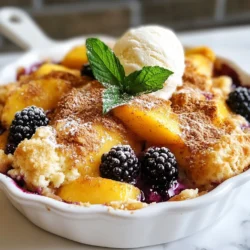 - 2 cups fresh blackberries - 2 cups fresh peaches, sliced Fresh fruit makes this cobbler shine. Blackberries add a sweet-tart taste. Use ripe peaches for a juicy base. You want them to be fragrant and slightly soft. This combo creates a delightful flavor that everyone loves. - 1/2 cup granulated sugar - 1 cup all-purpose flour - 2 teaspoons baking powder - 1/4 teaspoon salt - 1 teaspoon ground cinnamon These dry ingredients are key. Sugar sweetens the fruit and balances the tartness. Flour helps the batter rise and gives structure. Baking powder makes it fluffy while salt adds depth. Cinnamon gives warmth and a hint of spice. - 1 tablespoon lemon juice - 1 teaspoon vanilla extract - 1/2 cup milk - 1/2 cup unsalted butter, melted Wet ingredients bring moisture and flavor. Lemon juice brightens the dish. Vanilla extract adds a lovely aroma. Milk keeps the batter moist, and melted butter helps it brown. Together, they create a rich topping that pairs perfectly with the fruit. {{ingredient_image_1}} First, we need to prepare the fruit. Take 2 cups of fresh blackberries and 2 cups of sliced peaches. Put them in a large mixing bowl. Add 1/2 cup of granulated sugar, 1 tablespoon of lemon juice, and 1 teaspoon of vanilla extract. Toss everything together gently. Let the fruit sit for about 10 minutes. This step helps the juices blend and brings out the flavors. Now, let's make the topping. In another bowl, mix 1 cup of all-purpose flour, 2 teaspoons of baking powder, 1/4 teaspoon of salt, and 1 teaspoon of ground cinnamon. Use a whisk to combine these dry ingredients well. In a separate bowl, mix 1/2 cup of melted unsalted butter and 1/2 cup of milk. Pour this wet mixture into the dry ingredients. Stir until just combined, but do not over-mix. Time to assemble! Grab a large oven-safe skillet. Pour the fruit mixture evenly across the bottom of the skillet. Then, spoon the batter over the fruit. Try to cover as much of the fruit as you can. Preheat your oven to 350°F (175°C). Once ready, place the skillet in the oven. Bake for about 25-30 minutes. The cobbler should be golden brown. A toothpick inserted into the batter should come out clean. When it's done, take the skillet out and let it cool for a few minutes. Serve warm and enjoy! To get the best cobbler texture, you must avoid over-mixing the batter. When you mix the wet and dry ingredients, do it gently. Stir until just combined. If you mix too much, the cobbler can turn out tough instead of soft. For a golden top, make sure your oven is preheated to 350°F (175°C). The heat helps create that nice, crispy layer. You can also sprinkle a bit of brown sugar on top before baking. This adds sweetness and a lovely crunch. To boost the flavor, consider adding spices like nutmeg or allspice. They work well with the fruit and add warmth. Just a pinch can make a big difference! Using fresh fruit is best for this recipe. Fresh blackberries and peaches give a juicy, bright taste. If you use frozen fruit, make sure to thaw and drain it first. This prevents excess moisture in your cobbler. Pair your cobbler with a scoop of vanilla ice cream or whipped cream. The cold creaminess contrasts with the warm cobbler, making every bite special. For best taste, serve the cobbler warm, right out of the oven. Let it cool for a few minutes, but don’t wait too long! Warm cobbler is a true delight. Pro Tips Fresh Fruit is Key: Use ripe, fresh blackberries and peaches for the best flavor and texture. Frozen fruit can be used in a pinch, but fresh is always ideal. Don't Overmix: When combining the wet and dry ingredients for the batter, mix just until combined. Overmixing can lead to a tough cobbler. Customize Your Spices: Feel free to add a pinch of nutmeg or a splash of almond extract for a unique twist on the traditional flavor. Serve with Ice Cream: For a delightful treat, top your warm cobbler with a scoop of vanilla ice cream. The creamy texture complements the warm fruit perfectly. {{image_2}} You can make this cobbler even more tasty by mixing different fruits. Try adding blueberries or raspberries to the blackberries and peaches. This mix brings a burst of flavor and color. You can also swap peaches with apples or pears. These fruits add a nice crunch and sweetness. Each combo gives you a new twist on the same great dish. If you need gluten-free options, use almond flour or a gluten-free blend. These work well in the batter and still taste great. For a vegan version, swap the milk with almond or oat milk. Use a plant-based butter instead of regular butter. These changes keep the dish yummy and friendly for your diet. You don’t have to use a skillet for this cobbler. Any oven-safe dish will work just fine. A glass baking dish or pie pan can do the job. If you like outdoor cooking, try using a cast iron pan on the grill. Just keep an eye on the heat to avoid burning. This gives the cobbler a smoky flavor that many love. To keep your blackberry peach cobbler fresh, first let it cool. Place it in an airtight container. If you do not have one, cover it tightly with plastic wrap. Store it in the fridge for up to three days. Always check for mold or off smells before eating. To reheat your cobbler in the oven, preheat it to 350°F (175°C). Place the cobbler in a baking dish and cover it with foil. Heat for about 15-20 minutes, or until warm. For the microwave, slice a portion and heat it for about 30 seconds. Check if it is warm before eating. Be careful; it can get hot quickly. To freeze your cobbler, let it cool completely. Cut it into portions and wrap each piece in plastic wrap. Place the wrapped pieces in a freezer bag. You can freeze it for up to three months. When ready to eat, thaw it in the fridge overnight. To reheat, follow the oven tips for best results. It takes about 25 to 30 minutes to bake blackberry peach cobbler. Look for a golden brown top. A toothpick should come out clean when you test the batter. If it stays wet, bake a few minutes more. Yes, you can use frozen fruit. However, it may change the texture. Frozen fruit can release more juice while baking. This might make the cobbler a bit soggy. If you use frozen fruit, bake it a bit longer. You can make it healthier by reducing sugar. Try using less granulated sugar or a sugar substitute. You can also use whole wheat flour instead of all-purpose flour. Another option is to replace some butter with applesauce. This keeps the flavor but cuts down on fat. Blackberry peach cobbler combines simple fruits and easy steps to create joy. We covered fresh and dry ingredients, assembling and baking, plus tips to enhance flavors. Remember, you can mix fruits and adjust for dietary needs. Store leftovers right to keep them fresh, and don't hesitate to reheat or freeze. Enjoying this delightful dish with ice cream or whipped cream will make it even better. Now, it's your turn to create this delicious dessert and share it with others!