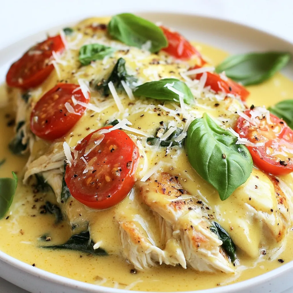 To make Crockpot Tuscan Garlic Chicken, gather these key items: - 4 boneless, skinless chicken breasts - 1 cup cherry tomatoes, halved - 1 cup baby spinach, packed - 1 medium onion, chopped - 4 cloves garlic, minced - 1 cup heavy cream - 1 cup chicken broth - 2 teaspoons Italian seasoning - Salt and pepper to taste - 1 cup grated Parmesan cheese If you want to add some kick, consider using: - 1 teaspoon red pepper flakes - Fresh basil for garnish You can also add other herbs like oregano or thyme for more depth. Each serving of this dish contains: - Calories: 520 - Protein: 45g - Fat: 30g - Carbohydrates: 8g - Fiber: 2g This dish is rich and filling while also packed with nutrients from the spinach and tomatoes. Enjoying it with some pasta or rice boosts the flavor and nutrition even more! {{ingredient_image_1}} To start, gather all your ingredients. You need four boneless, skinless chicken breasts, one cup of cherry tomatoes, and one cup of baby spinach. You will also need one medium onion, four cloves of garlic, one cup of heavy cream, and one cup of chicken broth. Don’t forget two teaspoons of Italian seasoning and one teaspoon of red pepper flakes if you want some heat. Finally, grab one cup of grated Parmesan cheese, salt, and pepper for taste, plus fresh basil for that lovely garnish. 1. Layer the Chicken: Place the chicken breasts at the bottom of the crockpot. 2. Season the Chicken: Sprinkle salt, pepper, and Italian seasoning on both sides of the chicken. 3. Add Aromatics: Evenly spread the chopped onion and minced garlic over the chicken. 4. Top with Veggies: Layer the halved cherry tomatoes and baby spinach on top of the chicken. 5. Mix the Sauce: In a bowl, combine the heavy cream and chicken broth. Pour this over the chicken and veggies. 6. Add Heat (Optional): If you like it spicy, add the red pepper flakes now. 7. Cook: Cover the crockpot. Cook on low for 6 to 8 hours or on high for 3 to 4 hours, until the chicken is tender. 8. Add Cheese: In the last 30 minutes, sprinkle the grated Parmesan cheese on top. Cover and let it melt into the sauce. 9. Shred the Chicken: Once done, shred the chicken gently with two forks and mix it back into the sauce. 10. Serve: Serve hot, garnished with fresh basil leaves. For the best results, cook on low heat. This makes the chicken tender and juicy. If you are short on time, the high setting works too but may not be as tender. Always check the chicken's internal temperature. It should reach 165°F (75°C). If you want to serve this dish over pasta or rice, start cooking it about 30 minutes before the chicken is done. This way, everything is ready to enjoy at the same time! To make your Crockpot Tuscan garlic chicken even tastier, consider a few simple tips. First, use fresh herbs like basil or thyme. They add a bright taste to the dish. Second, try using homemade chicken broth if you can. It has more flavor than store-bought broth. You can also add a splash of lemon juice for a tangy kick. Finally, if you want more flavor, let the dish cook longer on low. This helps the flavors mix well. Many cooks make a few common mistakes when making this dish. One mistake is not seasoning the chicken enough. Make sure to use salt and pepper generously. Another mistake is adding too many ingredients at once. Stick to the recipe for the best results. If you add too many tomatoes, it may become watery. Lastly, avoid lifting the lid during cooking. This lets heat escape and can extend cooking time. When serving your Tuscan garlic chicken, choose sides that complement its creamy sauce. Here are some great options: - Cooked pasta, like fettuccine or penne - Rice, such as jasmine or basmati - Crusty bread to soak up the sauce - Roasted vegetables, like zucchini or bell peppers - A fresh salad with mixed greens and a light dressing These sides will make your meal complete and delicious! Pro Tips Marinate for More Flavor: For an extra depth of flavor, consider marinating the chicken in Italian dressing or a mixture of olive oil, lemon juice, and herbs for a few hours before adding to the crockpot. Use Fresh Ingredients: Fresh garlic, tomatoes, and basil will enhance the overall taste of the dish compared to their dried or canned counterparts. Adjusting Consistency: If you prefer a thicker sauce, remove the lid for the last hour of cooking to allow some of the liquid to evaporate. Freezing Leftovers: This dish freezes well! Portion out any leftovers in airtight containers and store them in the freezer for up to 3 months. {{image_2}} You can easily adjust this recipe to fit different diets. If you need a dairy-free meal, swap heavy cream for coconut milk or a nut-based cream. For gluten-free needs, check that your chicken broth is gluten-free. If you are vegetarian, try using firm tofu or chickpeas instead of chicken. These changes keep the dish tasty and enjoyable for everyone. You can make this dish not just in a crockpot but also on the stovetop or in the oven. For stovetop cooking, brown the chicken in a pan. Then, add the other ingredients and simmer on low heat for 30 to 40 minutes. For the oven, place everything in a baking dish, cover it, and bake at 375°F for about 45 minutes. Both methods deliver great flavor and keep the chicken juicy. Feel free to get creative with vegetables and herbs. Add bell peppers, zucchini, or mushrooms for extra flavor and texture. Fresh herbs like thyme or oregano can enhance the taste. If you enjoy a bit of spice, toss in more red pepper flakes or add jalapeños. Each change makes the dish unique and delicious. After enjoying your Crockpot Tuscan Garlic Chicken, store leftovers in an airtight container. This keeps the dish fresh. Allow it to cool down before sealing. Label the container with the date, so you know when you made it. Try to eat leftovers within three to four days for the best taste. Reheating is simple. You can use a microwave or stovetop. For the microwave, place the chicken in a bowl. Heat for one to two minutes, checking often. On the stovetop, use a skillet over medium heat. Add a splash of chicken broth if the sauce is too thick. Stir well until it warms up. Freezing is a great option if you want to save some for later. Let the dish cool completely, then place it in a freezer-safe bag or container. Remove as much air as possible before sealing. It can last for up to three months in the freezer. To enjoy, thaw in the fridge overnight and reheat as mentioned above. Yes, you can use frozen chicken. Just add an extra hour to the cooking time. This will help the chicken cook through. Make sure to season it well for flavor. You can use half-and-half or coconut milk. Both will give a nice creamy texture. If you want a lighter option, try plain Greek yogurt. Mix it in just before serving. To add heat, use more red pepper flakes. You can also add diced jalapeños for a fresh kick. Taste as you go to find your ideal spice level. Yes, chicken thighs work great in this dish. They stay juicy and tender. Just adjust the cooking time slightly if needed. The dish lasts about 3 to 4 days in the fridge. Store it in an airtight container. Reheat gently on the stove or in the microwave. This post covered everything you need to make Tuscan Garlic Chicken. You learned the required and optional ingredients, along with their nutrition facts. I provided easy steps for prep and cooking, plus tips for great results. We explored variations for different diets and cooking styles. Lastly, I shared proper storage and reheating methods. By following these guidelines, you can make a tasty meal that suits your taste and needs. Enjoy crafting your perfect Tuscan Garlic Chicken!