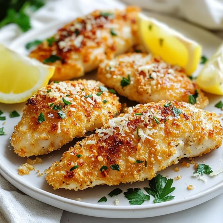 - 4 boneless, skinless chicken breasts - 1/2 cup grated Parmesan cheese - 1/2 cup breadcrumbs (preferably panko for extra crunch) - 4 cloves garlic, minced - 2 tablespoons fresh parsley, chopped - 1 teaspoon dried oregano - 1 teaspoon onion powder - 1 teaspoon salt - 1/2 teaspoon black pepper - 2 tablespoons olive oil - Cooking spray You can swap the chicken breasts for chicken thighs if you prefer. They stay juicy and tender. If you want a different cheese, try using mozzarella or cheddar. For the breadcrumbs, you can use regular ones if you don't have panko. For a twist, add some lemon zest for brightness. When measuring cheese, make sure to pack it lightly. This ensures you get enough flavor. For dry spices, use level teaspoons to avoid too much seasoning. When using garlic, the fresher the better! If you have a scale, weigh the chicken for best results. Cooking times may vary based on chicken thickness. {{ingredient_image_1}} First, gather your ingredients. You need 4 boneless, skinless chicken breasts, Parmesan cheese, breadcrumbs, garlic, parsley, oregano, onion powder, salt, pepper, and olive oil. In a medium bowl, mix together the grated Parmesan, breadcrumbs, minced garlic, chopped parsley, oregano, onion powder, salt, and black pepper. Make sure to stir well. This mix adds great flavor to the chicken. Next, drizzle the olive oil over the chicken breasts. Coat them lightly. This helps the breadcrumb mix stick better. Now, take each chicken breast and press it into the breadcrumb mix. Make sure to coat both sides well. This step gives the chicken a nice crunchy crust. Preheat your air fryer to 380°F (190°C). Let it heat for about 5 minutes. Once it’s ready, spray the air fryer basket lightly with cooking spray. This helps prevent the chicken from sticking. Place the coated chicken breasts in the basket. Make sure they’re not touching. This allows for even cooking. Cook the chicken for 12 to 15 minutes. Flip them halfway through the time. The chicken should look golden brown when done. To check if the chicken is done, use a meat thermometer. The internal temperature should be 165°F (74°C). This ensures the chicken is safe to eat. After cooking, remove the chicken from the air fryer. Let it rest for a few minutes. This helps the juices stay inside the chicken. Enjoy your tasty Garlic Parmesan Air Fryer Chicken! To get that perfect crunch on your garlic Parmesan air fryer chicken, use panko breadcrumbs. Panko is lighter and crispier than regular breadcrumbs. Mix the breadcrumbs with grated Parmesan for extra flavor. Coat the chicken evenly and press the mixture firmly onto the meat. This helps it stick well. Drizzle olive oil over the chicken before coating. This step adds crispiness and flavor. Preheat your air fryer before cooking to ensure even cooking and a crispy texture. One common mistake is overcrowding the air fryer basket. Leave space between the chicken pieces for air to flow. This helps them cook evenly. Another mistake is not preheating the air fryer. Preheating makes a big difference in crispiness. Be careful with the cooking time. Check the chicken at the 12-minute mark to avoid overcooking. Always flip the chicken halfway through to get both sides golden brown. Garlic Parmesan air fryer chicken pairs well with many sides. A simple salad adds freshness to the meal. Try steamed vegetables for color and nutrition. You could also serve it with lemon wedges for a zesty touch. Roasted potatoes or rice make great sides too. For a fun twist, serve it with a dipping sauce, like ranch or garlic aioli. This makes your meal more exciting and tasty. Pro Tips Perfect Chicken Thickness: Ensure your chicken breasts are of even thickness for uniform cooking. Consider pounding them to about 1-inch thick if they are too thick. Breadcrumb Alternatives: If you want a gluten-free version, substitute breadcrumbs with crushed gluten-free crackers or almond flour for a different texture. Flavor Boost: Marinate the chicken in olive oil, lemon juice, and spices for at least 30 minutes before coating. This adds extra flavor and moisture. Resting Time: Let the chicken rest for 5 minutes after cooking. This allows the juices to redistribute, making the chicken more tender and juicy. {{image_2}} To give your Garlic Parmesan Air Fryer Chicken a kick, add some heat. You can mix in crushed red pepper flakes with the breadcrumb blend. Start with half a teaspoon, and adjust to your taste. You can also use spicy seasoning blends. Try adding cayenne pepper or a dash of hot sauce on the chicken. This way, you get that delicious garlic and cheese flavor, along with a spicy twist. Want to change things up? You can add flavors like lemon zest or smoked paprika. Both give a fresh and bold taste. Mix lemon zest into the breadcrumb blend for a bright flavor. Smoked paprika adds a nice depth. You can also try adding different herbs. Fresh thyme or basil can work wonders. Just mix them into the breadcrumb mix for an extra flavor punch. You don’t have to stick to chicken. You can use this recipe with other proteins. Try boneless pork chops or turkey cutlets. They cook well and absorb the garlic and Parmesan flavors. If you prefer plant-based meals, use thick slices of eggplant or tofu. Just make sure to adjust the cooking time based on the protein you choose. This way, you can enjoy the same great taste in many different forms! To keep your Garlic Parmesan Air Fryer Chicken fresh, let it cool first. Place the chicken in an airtight container. This helps lock in moisture and flavor. Store it in the fridge for up to 3 days. If you want to eat it later, freezing is a great option. When you're ready to enjoy your leftovers, reheating is simple. Preheat your air fryer to 350°F (175°C). Place the chicken in the basket. Heat for about 5-7 minutes, or until it’s hot. This method keeps the chicken crispy. You can also use the oven; just bake at 350°F for about 10 minutes. If you want to freeze your chicken, wrap each piece tightly in plastic wrap. Then, put them in a freezer bag. Label the bag with the date. You can freeze it for up to 3 months. To thaw, move it to the fridge overnight before reheating. This way, it stays juicy and tasty. Yes, you can use other cheeses. Options like mozzarella or cheddar work well. They add a nice flavor. If you like blue cheese, try that too for a twist. Each cheese will give a different taste to the chicken. Just make sure the cheese melts well. To make this dish gluten-free, swap regular breadcrumbs for gluten-free ones. Look for brands that use rice or almond flour. Ensure that all other ingredients are gluten-free too. This way, everyone can enjoy this tasty meal without worry. This dish pairs well with many sides. Try a simple salad with mixed greens. Steamed veggies like broccoli or green beans are great choices too. For a heartier option, serve it with rice or mashed potatoes. Fresh lemon wedges add a nice touch on the side. Enjoy your meal! In this post, we covered key ingredients, cooking steps, and tips for Garlic Parmesan Air Fryer Chicken. We explored fun variations and how to store leftovers properly. Each part helps you make a tasty dish and avoid common mistakes. Remember, cooking can be simple and enjoyable. Try different flavors to make the recipe your own. Enjoy your delicious creation and share it with others!