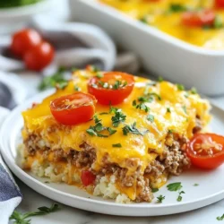 - 1 lb ground beef (preferably grass-fed) - 1 medium onion, diced - 2 cloves garlic, minced - 1 cup cauliflower rice In this recipe, ground beef is the star. It gives a rich flavor. I suggest using grass-fed beef for the best taste and health. The diced onion and minced garlic add a nice aroma and savor. The cauliflower rice is a great low-carb base. It blends well and soaks up all the flavors. - 1 cup cherry tomatoes, halved - 1 cup shredded cheddar cheese - 1/2 cup cream cheese, softened - 2 large eggs Cherry tomatoes add a fresh burst of sweetness. I love the color they bring too. The cheddar cheese melts beautifully, creating a gooey top. Cream cheese helps bind everything for a creamy texture. Eggs add richness and help set the casserole as it bakes. - 1 teaspoon Worcestershire sauce (optional) - Salt and pepper to taste - 1 teaspoon smoked paprika - 1/2 teaspoon dried oregano - Fresh parsley for garnish Worcestershire sauce gives a savory depth. Salt and pepper are essential for balancing flavors. Smoked paprika adds a hint of warmth and smokiness. Oregano brings an earthy note, which I find delightful. Fresh parsley is a must for garnish. It adds a pop of color and freshness to the dish. {{ingredient_image_1}} 1. Preheat your oven. Set it to 350°F (175°C). This helps the casserole cook evenly. 2. Grease the casserole dish. Use cooking spray or olive oil to coat the dish. This keeps the food from sticking. 1. Brown the ground beef. In a large skillet, heat over medium. Cook until it turns brown. 2. Add onion, garlic, and vegetables. Toss in the diced onion and minced garlic. Cook for about 3-4 minutes until the onion is soft. 3. Mix in cauliflower rice and tomatoes. Stir in cauliflower rice and cherry tomatoes. Add Worcestershire sauce, smoked paprika, oregano, salt, and pepper. Cook for another 5 minutes until warm. 1. Mix cream cheese and eggs. In a separate bowl, whisk together cream cheese and eggs. Add half of the shredded cheddar cheese until smooth. 2. Incorporate the beef mixture. Pour the beef and vegetable mix into the cream cheese blend. Stir until it is all mixed well. 1. Pour and spread in the dish. Put the mixture into the greased casserole dish. Spread it out evenly. 2. Add cheese topping and baking time. Sprinkle the rest of the shredded cheddar cheese on top. Bake for 25-30 minutes. Look for bubbly and golden cheese. How to choose the best ground beef Pick grass-fed ground beef for the best flavor and health benefits. It has more nutrients than regular beef. Look for meat with a bright red color and minimal fat. Fresh ground beef should smell clean, not sour. Ensuring even cooking Break up the beef into small pieces while browning it. This helps it cook evenly. Stir it often to avoid burning. The onion and garlic should be soft and fragrant before adding other ingredients. Garnishing ideas for serving Fresh parsley adds color and taste. Sprinkle it on top right before serving. You can also use sliced green onions for a crunchy bite. For a fun twist, add some diced pickles or jalapeños. Creating an appealing casserole layer Spread the beef mixture evenly in the dish. This helps it bake well. Top it with a generous layer of cheese for a golden finish. Make sure the cheese covers the entire surface for a nice look. Ideal sides to pair with the casserole Serve the casserole with a side salad. A simple green salad with a light dressing works well. You can also pair it with steamed broccoli or cauliflower for extra veggies. Best time to serve This casserole is great for dinner or a casual gathering. It’s filling and loved by many. Serve it warm right out of the oven for the best taste. Pro Tips Use Fresh Ingredients: Always opt for fresh vegetables and high-quality meat for the best flavor and texture in your casserole. Customize Your Veggies: Feel free to add other low-carb vegetables like bell peppers or zucchini to enhance the nutrition and flavor profile. Adjust the Cheese: Experiment with different types of cheese, such as mozzarella or pepper jack, for a unique twist on the classic cheeseburger flavor. Let It Rest: Allow the casserole to cool for a few minutes after baking. This helps it set and makes serving easier. {{image_2}} You can switch up the ground beef to fit your taste. Try ground turkey or chicken. They both work well in this dish. For a plant-based option, use lentils or a meat substitute. If you want dairy-free cheese, there are many options. Look for nut-based cheeses or coconut cream. These can add a nice creaminess without dairy. Spice it up with your favorite herbs! Add basil, thyme, or even chili flakes for heat. A bit of cumin can add a nice depth of flavor too. You can also mix in other veggies. Spinach, zucchini, or bell peppers will work great. They add color and extra nutrients. For a low-carb base, swap cauliflower rice for shredded zucchini or chopped broccoli. Both are great at soaking up flavors. Top your casserole with avocado slices or crispy bacon. These keto-friendly toppings add a nice crunch and taste. Enjoy personalizing this dish! To store leftovers, let the casserole cool completely. Place it in an airtight container. You can keep it in the fridge for up to four days. When you want to reheat, use the oven at 350°F (175°C). Cover it with foil to keep it moist. Heat for about 20 minutes until it warms through. For long-term storage, you can freeze this casserole. Cut it into portions and wrap each piece in plastic wrap. Then, place them in a freezer-safe bag. It’s best to use them within three months. To thaw, move a portion to the fridge the night before you want to eat it. This way, it will defrost slowly and taste fresh. In the fridge, the casserole lasts about four days. After that, check for spoilage. Look for signs like an off smell or a change in color. If it looks or smells bad, it’s best to throw it away. Always trust your senses when it comes to food safety. Can I make this recipe ahead of time? Yes, you can prepare this casserole ahead. Cook it fully, then cool it. Store it in the fridge. When ready to eat, just reheat it in the oven. What can I serve with Keto Cheeseburger Casserole? This dish pairs well with a fresh salad. You can also serve it with steamed veggies. For an extra crunch, add some sliced avocado on the side. Is this recipe suitable for meal prep? Absolutely! This casserole is great for meal prep. You can divide it into portions and store them. Just reheat as needed for a quick meal. What modifications can be made for vegetarian diets? For a vegetarian version, swap the ground beef for lentils or mushrooms. Use plant-based cheese and cream for a tasty alternative. Adjust the spices to enhance the flavor. Can I cook this in an Instant Pot or slow cooker? Yes, you can use an Instant Pot. Brown the meat first, then add the other ingredients. Cook on high pressure for about 10 minutes. For a slow cooker, cook on low for 4-6 hours. Tips for baking adjustments at higher altitudes At higher altitudes, increase the oven temperature by 15°F. Add a bit more liquid to the mix to avoid dryness. Keep an eye on baking time, as it may vary. This blog post covered the ingredients, preparation, and tips for making a Keto Cheeseburger Casserole. You learned about key ingredients like ground beef, cauliflower rice, and tasty cheeses. I shared step-by-step cooking instructions, along with tips for serving and storing leftovers. Remember to experiment with ingredients and flavors. Enjoy customizing this dish to fit your taste. A delicious meal is just a few steps away, so gather your ingredients and start cooking!