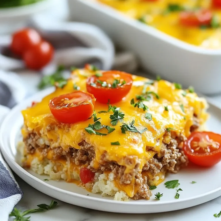 - 1 lb ground beef (preferably grass-fed) - 1 medium onion, diced - 2 cloves garlic, minced - 1 cup cauliflower rice In this recipe, ground beef is the star. It gives a rich flavor. I suggest using grass-fed beef for the best taste and health. The diced onion and minced garlic add a nice aroma and savor. The cauliflower rice is a great low-carb base. It blends well and soaks up all the flavors. - 1 cup cherry tomatoes, halved - 1 cup shredded cheddar cheese - 1/2 cup cream cheese, softened - 2 large eggs Cherry tomatoes add a fresh burst of sweetness. I love the color they bring too. The cheddar cheese melts beautifully, creating a gooey top. Cream cheese helps bind everything for a creamy texture. Eggs add richness and help set the casserole as it bakes. - 1 teaspoon Worcestershire sauce (optional) - Salt and pepper to taste - 1 teaspoon smoked paprika - 1/2 teaspoon dried oregano - Fresh parsley for garnish Worcestershire sauce gives a savory depth. Salt and pepper are essential for balancing flavors. Smoked paprika adds a hint of warmth and smokiness. Oregano brings an earthy note, which I find delightful. Fresh parsley is a must for garnish. It adds a pop of color and freshness to the dish. {{ingredient_image_1}} 1. Preheat your oven. Set it to 350°F (175°C). This helps the casserole cook evenly. 2. Grease the casserole dish. Use cooking spray or olive oil to coat the dish. This keeps the food from sticking. 1. Brown the ground beef. In a large skillet, heat over medium. Cook until it turns brown. 2. Add onion, garlic, and vegetables. Toss in the diced onion and minced garlic. Cook for about 3-4 minutes until the onion is soft. 3. Mix in cauliflower rice and tomatoes. Stir in cauliflower rice and cherry tomatoes. Add Worcestershire sauce, smoked paprika, oregano, salt, and pepper. Cook for another 5 minutes until warm. 1. Mix cream cheese and eggs. In a separate bowl, whisk together cream cheese and eggs. Add half of the shredded cheddar cheese until smooth. 2. Incorporate the beef mixture. Pour the beef and vegetable mix into the cream cheese blend. Stir until it is all mixed well. 1. Pour and spread in the dish. Put the mixture into the greased casserole dish. Spread it out evenly. 2. Add cheese topping and baking time. Sprinkle the rest of the shredded cheddar cheese on top. Bake for 25-30 minutes. Look for bubbly and golden cheese. How to choose the best ground beef Pick grass-fed ground beef for the best flavor and health benefits. It has more nutrients than regular beef. Look for meat with a bright red color and minimal fat. Fresh ground beef should smell clean, not sour. Ensuring even cooking Break up the beef into small pieces while browning it. This helps it cook evenly. Stir it often to avoid burning. The onion and garlic should be soft and fragrant before adding other ingredients. Garnishing ideas for serving Fresh parsley adds color and taste. Sprinkle it on top right before serving. You can also use sliced green onions for a crunchy bite. For a fun twist, add some diced pickles or jalapeños. Creating an appealing casserole layer Spread the beef mixture evenly in the dish. This helps it bake well. Top it with a generous layer of cheese for a golden finish. Make sure the cheese covers the entire surface for a nice look. Ideal sides to pair with the casserole Serve the casserole with a side salad. A simple green salad with a light dressing works well. You can also pair it with steamed broccoli or cauliflower for extra veggies. Best time to serve This casserole is great for dinner or a casual gathering. It’s filling and loved by many. Serve it warm right out of the oven for the best taste. Pro Tips Use Fresh Ingredients: Always opt for fresh vegetables and high-quality meat for the best flavor and texture in your casserole. Customize Your Veggies: Feel free to add other low-carb vegetables like bell peppers or zucchini to enhance the nutrition and flavor profile. Adjust the Cheese: Experiment with different types of cheese, such as mozzarella or pepper jack, for a unique twist on the classic cheeseburger flavor. Let It Rest: Allow the casserole to cool for a few minutes after baking. This helps it set and makes serving easier. {{image_2}} You can switch up the ground beef to fit your taste. Try ground turkey or chicken. They both work well in this dish. For a plant-based option, use lentils or a meat substitute. If you want dairy-free cheese, there are many options. Look for nut-based cheeses or coconut cream. These can add a nice creaminess without dairy. Spice it up with your favorite herbs! Add basil, thyme, or even chili flakes for heat. A bit of cumin can add a nice depth of flavor too. You can also mix in other veggies. Spinach, zucchini, or bell peppers will work great. They add color and extra nutrients. For a low-carb base, swap cauliflower rice for shredded zucchini or chopped broccoli. Both are great at soaking up flavors. Top your casserole with avocado slices or crispy bacon. These keto-friendly toppings add a nice crunch and taste. Enjoy personalizing this dish! To store leftovers, let the casserole cool completely. Place it in an airtight container. You can keep it in the fridge for up to four days. When you want to reheat, use the oven at 350°F (175°C). Cover it with foil to keep it moist. Heat for about 20 minutes until it warms through. For long-term storage, you can freeze this casserole. Cut it into portions and wrap each piece in plastic wrap. Then, place them in a freezer-safe bag. It’s best to use them within three months. To thaw, move a portion to the fridge the night before you want to eat it. This way, it will defrost slowly and taste fresh. In the fridge, the casserole lasts about four days. After that, check for spoilage. Look for signs like an off smell or a change in color. If it looks or smells bad, it’s best to throw it away. Always trust your senses when it comes to food safety. Can I make this recipe ahead of time? Yes, you can prepare this casserole ahead. Cook it fully, then cool it. Store it in the fridge. When ready to eat, just reheat it in the oven. What can I serve with Keto Cheeseburger Casserole? This dish pairs well with a fresh salad. You can also serve it with steamed veggies. For an extra crunch, add some sliced avocado on the side. Is this recipe suitable for meal prep? Absolutely! This casserole is great for meal prep. You can divide it into portions and store them. Just reheat as needed for a quick meal. What modifications can be made for vegetarian diets? For a vegetarian version, swap the ground beef for lentils or mushrooms. Use plant-based cheese and cream for a tasty alternative. Adjust the spices to enhance the flavor. Can I cook this in an Instant Pot or slow cooker? Yes, you can use an Instant Pot. Brown the meat first, then add the other ingredients. Cook on high pressure for about 10 minutes. For a slow cooker, cook on low for 4-6 hours. Tips for baking adjustments at higher altitudes At higher altitudes, increase the oven temperature by 15°F. Add a bit more liquid to the mix to avoid dryness. Keep an eye on baking time, as it may vary. This blog post covered the ingredients, preparation, and tips for making a Keto Cheeseburger Casserole. You learned about key ingredients like ground beef, cauliflower rice, and tasty cheeses. I shared step-by-step cooking instructions, along with tips for serving and storing leftovers. Remember to experiment with ingredients and flavors. Enjoy customizing this dish to fit your taste. A delicious meal is just a few steps away, so gather your ingredients and start cooking!