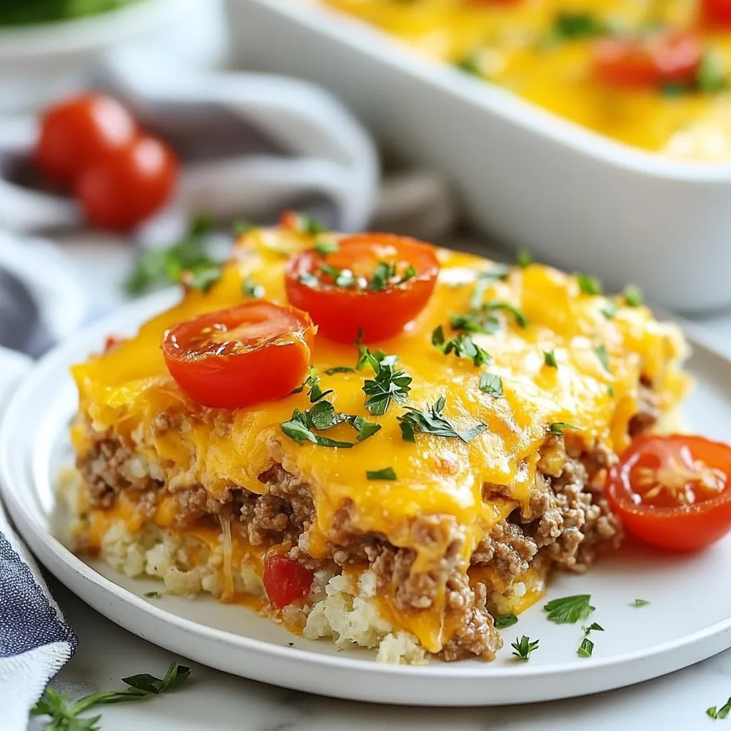 - 1 lb ground beef (preferably grass-fed) - 1 medium onion, diced - 2 cloves garlic, minced - 1 cup cauliflower rice In this recipe, ground beef is the star. It gives a rich flavor. I suggest using grass-fed beef for the best taste and health. The diced onion and minced garlic add a nice aroma and savor. The cauliflower rice is a great low-carb base. It blends well and soaks up all the flavors. - 1 cup cherry tomatoes, halved - 1 cup shredded cheddar cheese - 1/2 cup cream cheese, softened - 2 large eggs Cherry tomatoes add a fresh burst of sweetness. I love the color they bring too. The cheddar cheese melts beautifully, creating a gooey top. Cream cheese helps bind everything for a creamy texture. Eggs add richness and help set the casserole as it bakes. - 1 teaspoon Worcestershire sauce (optional) - Salt and pepper to taste - 1 teaspoon smoked paprika - 1/2 teaspoon dried oregano - Fresh parsley for garnish Worcestershire sauce gives a savory depth. Salt and pepper are essential for balancing flavors. Smoked paprika adds a hint of warmth and smokiness. Oregano brings an earthy note, which I find delightful. Fresh parsley is a must for garnish. It adds a pop of color and freshness to the dish. {{ingredient_image_1}} 1. Preheat your oven. Set it to 350°F (175°C). This helps the casserole cook evenly. 2. Grease the casserole dish. Use cooking spray or olive oil to coat the dish. This keeps the food from sticking. 1. Brown the ground beef. In a large skillet, heat over medium. Cook until it turns brown. 2. Add onion, garlic, and vegetables. Toss in the diced onion and minced garlic. Cook for about 3-4 minutes until the onion is soft. 3. Mix in cauliflower rice and tomatoes. Stir in cauliflower rice and cherry tomatoes. Add Worcestershire sauce, smoked paprika, oregano, salt, and pepper. Cook for another 5 minutes until warm. 1. Mix cream cheese and eggs. In a separate bowl, whisk together cream cheese and eggs. Add half of the shredded cheddar cheese until smooth. 2. Incorporate the beef mixture. Pour the beef and vegetable mix into the cream cheese blend. Stir until it is all mixed well. 1. Pour and spread in the dish. Put the mixture into the greased casserole dish. Spread it out evenly. 2. Add cheese topping and baking time. Sprinkle the rest of the shredded cheddar cheese on top. Bake for 25-30 minutes. Look for bubbly and golden cheese. How to choose the best ground beef Pick grass-fed ground beef for the best flavor and health benefits. It has more nutrients than regular beef. Look for meat with a bright red color and minimal fat. Fresh ground beef should smell clean, not sour. Ensuring even cooking Break up the beef into small pieces while browning it. This helps it cook evenly. Stir it often to avoid burning. The onion and garlic should be soft and fragrant before adding other ingredients. Garnishing ideas for serving Fresh parsley adds color and taste. Sprinkle it on top right before serving. You can also use sliced green onions for a crunchy bite. For a fun twist, add some diced pickles or jalapeños. Creating an appealing casserole layer Spread the beef mixture evenly in the dish. This helps it bake well. Top it with a generous layer of cheese for a golden finish. Make sure the cheese covers the entire surface for a nice look. Ideal sides to pair with the casserole Serve the casserole with a side salad. A simple green salad with a light dressing works well. You can also pair it with steamed broccoli or cauliflower for extra veggies. Best time to serve This casserole is great for dinner or a casual gathering. It’s filling and loved by many. Serve it warm right out of the oven for the best taste. Pro Tips Use Fresh Ingredients: Always opt for fresh vegetables and high-quality meat for the best flavor and texture in your casserole. Customize Your Veggies: Feel free to add other low-carb vegetables like bell peppers or zucchini to enhance the nutrition and flavor profile. Adjust the Cheese: Experiment with different types of cheese, such as mozzarella or pepper jack, for a unique twist on the classic cheeseburger flavor. Let It Rest: Allow the casserole to cool for a few minutes after baking. This helps it set and makes serving easier. {{image_2}} You can switch up the ground beef to fit your taste. Try ground turkey or chicken. They both work well in this dish. For a plant-based option, use lentils or a meat substitute. If you want dairy-free cheese, there are many options. Look for nut-based cheeses or coconut cream. These can add a nice creaminess without dairy. Spice it up with your favorite herbs! Add basil, thyme, or even chili flakes for heat. A bit of cumin can add a nice depth of flavor too. You can also mix in other veggies. Spinach, zucchini, or bell peppers will work great. They add color and extra nutrients. For a low-carb base, swap cauliflower rice for shredded zucchini or chopped broccoli. Both are great at soaking up flavors. Top your casserole with avocado slices or crispy bacon. These keto-friendly toppings add a nice crunch and taste. Enjoy personalizing this dish! To store leftovers, let the casserole cool completely. Place it in an airtight container. You can keep it in the fridge for up to four days. When you want to reheat, use the oven at 350°F (175°C). Cover it with foil to keep it moist. Heat for about 20 minutes until it warms through. For long-term storage, you can freeze this casserole. Cut it into portions and wrap each piece in plastic wrap. Then, place them in a freezer-safe bag. It’s best to use them within three months. To thaw, move a portion to the fridge the night before you want to eat it. This way, it will defrost slowly and taste fresh. In the fridge, the casserole lasts about four days. After that, check for spoilage. Look for signs like an off smell or a change in color. If it looks or smells bad, it’s best to throw it away. Always trust your senses when it comes to food safety. Can I make this recipe ahead of time? Yes, you can prepare this casserole ahead. Cook it fully, then cool it. Store it in the fridge. When ready to eat, just reheat it in the oven. What can I serve with Keto Cheeseburger Casserole? This dish pairs well with a fresh salad. You can also serve it with steamed veggies. For an extra crunch, add some sliced avocado on the side. Is this recipe suitable for meal prep? Absolutely! This casserole is great for meal prep. You can divide it into portions and store them. Just reheat as needed for a quick meal. What modifications can be made for vegetarian diets? For a vegetarian version, swap the ground beef for lentils or mushrooms. Use plant-based cheese and cream for a tasty alternative. Adjust the spices to enhance the flavor. Can I cook this in an Instant Pot or slow cooker? Yes, you can use an Instant Pot. Brown the meat first, then add the other ingredients. Cook on high pressure for about 10 minutes. For a slow cooker, cook on low for 4-6 hours. Tips for baking adjustments at higher altitudes At higher altitudes, increase the oven temperature by 15°F. Add a bit more liquid to the mix to avoid dryness. Keep an eye on baking time, as it may vary. This blog post covered the ingredients, preparation, and tips for making a Keto Cheeseburger Casserole. You learned about key ingredients like ground beef, cauliflower rice, and tasty cheeses. I shared step-by-step cooking instructions, along with tips for serving and storing leftovers. Remember to experiment with ingredients and flavors. Enjoy customizing this dish to fit your taste. A delicious meal is just a few steps away, so gather your ingredients and start cooking!