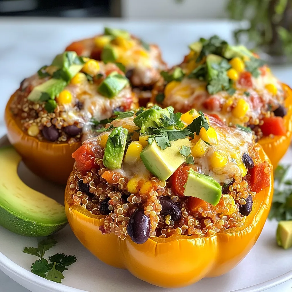 To make stuffed peppers, you need some key ingredients. Here’s what you will need: - 6 large bell peppers (any color) - 1 cup quinoa, rinsed - 2 cups vegetable broth - 1 can (15 oz) black beans, drained and rinsed - 1 cup corn, frozen or canned - 1 teaspoon cumin - 1 teaspoon paprika - 1 cup diced tomatoes (fresh or canned) - 1 tablespoon olive oil - 1 clove garlic, minced - 1 cup shredded cheese (cheddar, mozzarella, or a blend) - Salt and pepper to taste These ingredients create a tasty base. The quinoa adds texture, while the black beans and corn bring extra flavor. You can customize your stuffed peppers by adding special ingredients. Here are some ideas: - For Vegetarian Stuffed Peppers: Add chopped spinach or mushrooms for more veggies. - For Spicy Stuffed Peppers: Mix in diced jalapeños or a dash of hot sauce. - For Cheesy Stuffed Peppers: Use different cheeses like feta or pepper jack for a twist. Feel free to mix and match based on what you like best. The right toppings can make your dish shine. Consider these options: - Chopped cilantro for a fresh taste - Diced avocado for creaminess - Salsa for a zesty kick These additions not only improve flavor but also make your stuffed peppers look great. Enjoy experimenting with different toppings to find your favorite combination! {{ingredient_image_1}} Start by preheating your oven to 375°F (190°C). This step is key for even cooking. Next, take your six large bell peppers and slice off the tops. Remove the seeds and membranes from inside. Place the peppers in a baking dish with their cut sides facing up. This helps them hold the filling better. 1. Base Filling: In a medium saucepan, heat 1 tablespoon of olive oil over medium heat. Add one minced clove of garlic and sauté for about one minute. This brings out the garlic flavor. Next, add 1 cup of rinsed quinoa and 2 cups of vegetable broth. Bring this mixture to a boil. Once boiling, reduce the heat to simmer and cover. Cook for about 15 minutes until the quinoa is fluffy. 2. Mix in the Good Stuff: After the quinoa cooks, take it off the heat. Stir in 1 can of drained black beans, 1 cup of corn, and 1 cup of diced tomatoes. Add 1 teaspoon of cumin and 1 teaspoon of paprika for flavor. Mix in 1 cup of shredded cheese but save some for later. Add salt and pepper to taste. 3. Fill the Peppers: Spoon this filling into each bell pepper. Pack it gently but firmly. Top each pepper with the reserved cheese. 4. Bake: Cover the baking dish with foil. Bake for 25 minutes. After that, remove the foil and bake for another 10 to 15 minutes. You want the peppers to be tender and the cheese to be melted and bubbly. Once your peppers are done baking, take them out of the oven. Let them cool for a few minutes. This makes them easier to handle. For a fun touch, add optional toppings like chopped cilantro, diced avocado, or salsa. Serve these colorful stuffed peppers on a platter. They look great and taste even better! When making stuffed peppers, avoid these common mistakes to get great results: - Overcooking the quinoa: If the quinoa cooks too long, it will turn mushy. Keep an eye on it. - Not seasoning the filling: Always add salt and pepper to the filling. This boosts flavor. - Skipping the cheese: Cheese adds creaminess. Don't forget to mix it in and top with more. - Filling too loosely: Press the filling gently into the peppers. This keeps them packed and tasty. To make your stuffed peppers even better, try these tips: - Use broth for cooking: Cook quinoa in vegetable broth instead of water. This adds depth to the flavor. - Add spices: Besides cumin and paprika, feel free to add chili powder or oregano for a kick. - Mix in veggies: Chopped onions or bell peppers can enhance texture and flavor in the filling. - Experiment with cheeses: Try different cheeses like feta or pepper jack for unique flavors. Serving your stuffed peppers in an appealing way makes them even more inviting: - Colorful platter: Arrange the peppers on a bright platter for a fun look. - Garnish with herbs: Sprinkle fresh cilantro or parsley on top for a pop of color. - Add fresh toppings: Sliced avocado or a drizzle of salsa gives a nice finishing touch. - Use small plates: Serve each pepper on small plates for easy handling and a charming display. Pro Tips Choose Colorful Peppers: Using a mix of red, yellow, and green bell peppers not only makes the dish visually appealing but also adds a subtle variation in flavor. Cook Quinoa Properly: Make sure to rinse quinoa before cooking to remove its natural bitterness. This ensures a clean and nutty flavor in your stuffing. Customize Your Fillings: Feel free to add other ingredients like ground turkey, sautéed onions, or different spices to tailor the stuffing to your taste. Let Them Rest: Allow the stuffed peppers to sit for a few minutes after baking. This helps the filling set and makes them easier to serve. {{image_2}} For a delicious vegetarian meal, use fresh veggies and beans. I love using black beans, corn, and quinoa. These ingredients create a filling that is tasty and healthy. Start with the base recipe, but feel free to add zucchini, spinach, or mushrooms. They add great flavor and texture. Top with cheese to make it creamy. You can use cheddar or mozzarella, depending on your taste. Want a kick? Add jalapeños to your filling! Chop them finely and mix them into the quinoa blend. The heat from the peppers makes the dish exciting. You can adjust the heat by using more or less. For even more spice, sprinkle red pepper flakes on top before baking. I recommend keeping the seeds if you enjoy extra heat. Cheese lovers will adore this variation. Start with the base recipe and double the cheese. Mix half into the filling and sprinkle the rest on top. This will give you a rich, gooey layer of cheese. You can also mix different cheeses for a unique flavor. Try a blend of mozzarella and sharp cheddar. For an added touch, you can drizzle some cream over the top before baking. This creates a creamy texture that pairs well with the peppers. Store your stuffed peppers in the fridge right away. Use a tight lid or wrap them in plastic. They stay fresh for up to three days. The longer they sit, the softer the peppers get. So, eat them soon for the best taste! You can freeze stuffed peppers for later. First, let them cool to room temp. Then, wrap each pepper in plastic wrap. Place them in a freezer bag or container. They last for about three months. To use, thaw them in the fridge overnight before reheating. Reheat your stuffed peppers in the oven for the best flavor. Preheat the oven to 350°F (175°C). Place the peppers in a baking dish. Cover with foil to keep them moist. Heat for about 20 minutes or until warm. You can also use a microwave for faster results. Just heat for 2-3 minutes. Enjoy them hot for the best taste! Yes, you can use other grains. Brown rice, farro, or couscous work well. Each grain gives a different taste and texture. Brown rice is hearty and filling. Farro adds a nutty flavor. Couscous cooks fast and is light. Just adjust the cooking time for each grain. To keep peppers firm, follow a few tips. First, don't overcook them in the oven. Baking them just right helps. Also, remove the seeds and membranes well. This lets the heat cook evenly. You can pre-bake the peppers for 10 minutes, too. This step starts the cooking process and keeps them from getting too soft. You can fill your peppers with many tasty options. Try ground meat, like turkey or beef, for a hearty meal. For a Mediterranean twist, add feta cheese, olives, and herbs. You can also use lentils for a protein-rich vegetarian option. Mix in nuts or seeds for crunch. The choices are endless! Stuffed peppers are versatile and fun to make. This post covered the key ingredients, step-by-step cooking, and helpful tips. From vegetarian options to spicy variations, there’s a recipe for everyone. Remember to avoid common mistakes and enhance flavors with unique toppings. Proper storage ensures your peppers stay fresh. Explore your creativity with different fillings! Enjoy your stuffed peppers and share the joy of cooking with friends and family.