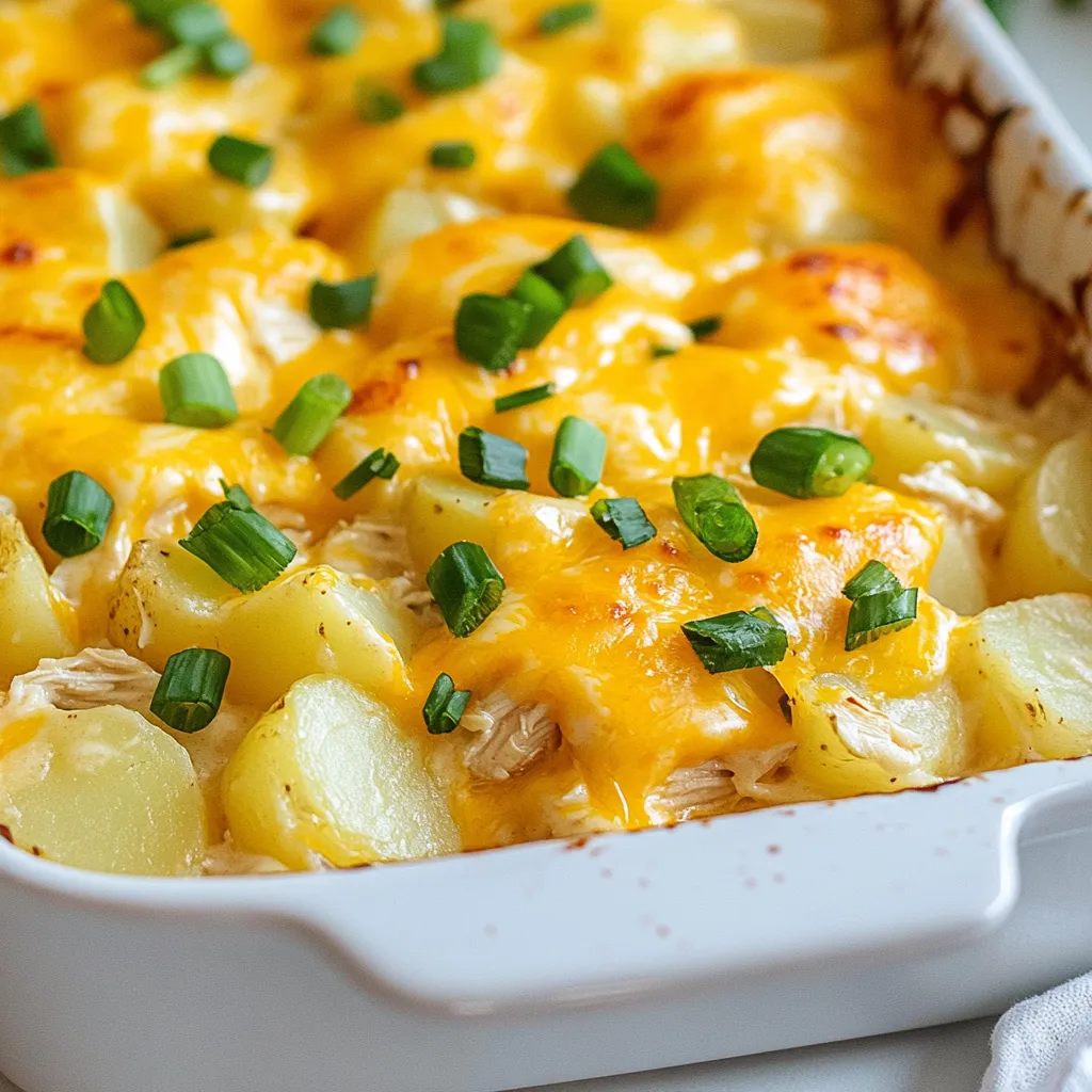 - 4 large russet potatoes, peeled and diced - 2 cups cooked chicken, shredded (rotisserie works great) - 1/2 cup buffalo sauce (or to taste) - 1 cup shredded cheddar cheese - 1/2 cup cream cheese, softened - 1/2 cup sour cream - 1/4 cup green onions, chopped - 1 teaspoon garlic powder - Salt and pepper to taste - Optional: extra buffalo sauce for drizzle I love using russet potatoes for this dish. They hold up well and add great texture. Rotisserie chicken saves time and adds a nice flavor. You can adjust the buffalo sauce to fit your taste. Cream cheese and sour cream give a rich creaminess. Garlic powder adds a nice kick, while green onions bring freshness. If you want to change things a bit, there are good swaps. You can use sweet potatoes instead of russets. They add a sweet flavor that balances the heat. For the chicken, you can use turkey or even tofu for a veggie twist. If you don't have buffalo sauce, hot sauce mixed with butter will work too. For the cheese, try pepper jack or mozzarella for a different taste. You can also skip the cream cheese and use Greek yogurt for a lighter option. Garnishes can make your dish pop! I like to use chopped green onions for color and crunch. If you want more heat, drizzle extra buffalo sauce on top. A dollop of sour cream adds coolness and richness. You can also sprinkle some fresh herbs like parsley for added flavor. These simple garnishes elevate the dish visually and taste-wise. {{ingredient_image_1}} Start by washing the russet potatoes. Peel them and cut them into small cubes. Next, boil the diced potatoes in a big pot of salted water. Cook them for about 15 to 20 minutes until they are tender. You can check by poking them with a fork. Once they are soft, drain the water and set the potatoes aside. This step makes sure the potatoes are ready to soak up all the yummy flavors later. Take a large mixing bowl and add your shredded chicken. You can use rotisserie chicken for ease. Pour in the buffalo sauce, cream cheese, and sour cream. Add the garlic powder, salt, and pepper. Mix everything together until it’s smooth. This mixture is where all the bold flavors come alive. It’s creamy, spicy, and packed with taste. Make sure every piece of chicken is coated in the sauce. Grab a large baking dish and start layering. First, place the cooked potatoes at the bottom. Spread them out evenly. Next, pour the buffalo chicken mixture over the potatoes. Use a spatula to spread it evenly. Now, sprinkle the shredded cheddar cheese on top. This cheese will melt beautifully and add a rich flavor. Cover the dish with aluminum foil and bake it in a preheated oven at 400°F (200°C) for 25 minutes. After that, remove the foil and bake for an extra 10 to 15 minutes until the cheese is bubbly and golden. Once done, let it cool for a few minutes. Enjoy the aroma and the delicious sight of your Buffalo Chicken Potato Bake! When cooking potatoes, start with the right type. I prefer russet potatoes for their fluffy texture. Peel and dice them into even pieces. This helps them cook evenly. Boil them in salted water until they are tender, about 15 to 20 minutes. Test with a fork; it should slide in easily. Drain the potatoes well to avoid extra water in your bake. Buffalo sauce is key for flavor in this dish. I like to use a mix of buffalo sauce and cream cheese for a rich taste. Combine shredded chicken with buffalo sauce, cream cheese, and sour cream. This mix gives a creamy base with a spicy kick. Adjust the sauce amount to match your taste. If you want more heat, add extra buffalo sauce or garlic powder. You can prep this dish ahead for busy days. Cook and layer the potatoes and buffalo chicken mix in a baking dish. Cover it tightly with foil and store it in the fridge. You can bake it later, just add a few extra minutes to the cooking time. This method saves time and still tastes fresh. If you plan to freeze it, make sure it's well-sealed. Thaw it in the fridge before baking. Pro Tips Use Leftover Chicken: Utilizing rotisserie or leftover chicken not only saves time but also adds rich flavor to your dish. Customize Your Heat: Adjust the amount of buffalo sauce based on your preference for heat; add more for a spicier dish or less for a milder flavor. Cheese Variations: Try using different types of cheese such as pepper jack or mozzarella for a unique twist on the classic flavor. Garnish for Freshness: Fresh herbs like cilantro or parsley can enhance the flavor profile and add a pop of color to your dish. {{image_2}} You can boost nutrition by adding vegetables. Try bell peppers, spinach, or broccoli. Chop them small and mix them into the buffalo chicken. This adds color and flavor. You can also layer them between the potatoes and the chicken mix. It makes the dish more exciting and healthy. If you want to change the protein, there are many options. You can use shredded turkey or cooked tofu for a meatless version. Each choice offers a unique taste. Just make sure to adjust the buffalo sauce to keep the flavor strong. This lets you enjoy the dish while meeting your dietary needs. Cheese can change the whole vibe of this dish. Instead of cheddar, try mozzarella for a stretchier texture. Feta adds a nice tangy twist, while pepper jack gives extra spice. You can even mix cheeses for a richer flavor. Just make sure to use a cheese that melts well. To keep your Buffalo Chicken Potato Bake fresh, let it cool first. Then, place leftovers in an airtight container. Store in the fridge for up to three days. This dish tastes great even after a day or two! If you want to freeze your Buffalo Chicken Potato Bake, cut it into smaller portions. Wrap each piece tightly in plastic wrap, then place them in a freezer-safe bag. It will last for about three months in the freezer. When you’re ready, just thaw it overnight in the fridge. Reheat your Buffalo Chicken Potato Bake in the oven for the best results. Set the oven to 350°F (175°C). Place the dish in for about 20 minutes or until it's hot all the way through. You can also microwave it for a quicker option. Just cover it with a damp paper towel to keep it moist. Yes, you can use frozen chicken. Just make sure to fully cook it first. You can boil, bake, or microwave it. Shred the cooked chicken and mix it with the sauce. This will still give you great flavor. The heat level depends on the buffalo sauce you choose. Some sauces are very spicy, while others are milder. I suggest starting with a small amount. You can always add more if you like it hotter. This way, you can adjust the spice to your taste. This dish is filling on its own. However, you can add a simple salad or some veggies on the side. A crunchy coleslaw pairs well too. It balances the rich flavors with fresh crunch. You can also serve with breadsticks or garlic bread for extra comfort. In this blog post, we explored how to make a Buffalo Chicken Potato Bake. We covered ingredients, step-by-step instructions, and helpful tips. You learned about ingredient swaps, garnishes, and how to keep flavors bold. We also discussed variations with veggies and proteins, plus storage options for leftovers. Remember, this dish is simple and fun to make. Enjoy it with friends and family, or save it for later. Cooking should be enjoyable and tasty!