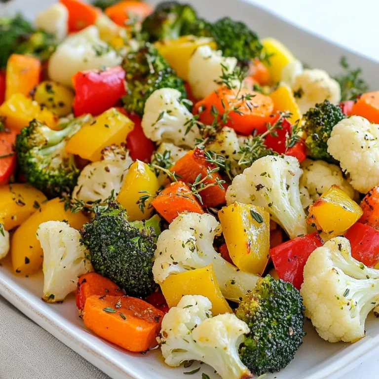 - 2 cups broccoli florets - 2 cups cauliflower florets - 1 cup carrots, sliced - 4 cloves garlic, minced - 1/4 cup olive oil - 1 tablespoon dried oregano - 1 tablespoon fresh thyme leaves - 1 red bell pepper, diced - 1 yellow bell pepper, diced - 1 medium red onion, cut into wedges - Zest of 1 lemon - Salt and pepper to taste To create the best garlic roasted vegetables, you need fresh, vibrant ingredients. I love using broccoli and cauliflower because they roast well. Carrots add a nice sweetness and color to the mix. Garlic is a must for flavor. It brings out the best in the veggies. Olive oil helps the veggies cook evenly and adds richness. Dried oregano and fresh thyme give the dish a lovely herbal note. For extra flavor, I add bell peppers and red onion. They add sweetness and crunch. A touch of lemon zest brightens everything up, while salt and pepper balance the dish. Gather these ingredients, and you’re ready to make a tasty and healthy meal. {{ingredient_image_1}} First, preheat your oven to 425°F (220°C). This step is key for getting crispy veggies. While the oven heats up, wash your vegetables. Rinse the broccoli, cauliflower, and carrots under cool water. Cut the broccoli and cauliflower into small florets. Slice the carrots into rounds. Dice the red and yellow bell peppers. Lastly, cut the red onion into wedges. Make sure all vegetables are about the same size for even cooking. In a small bowl, combine minced garlic, olive oil, dried oregano, and fresh thyme. Add the zest of one lemon for a fresh kick. Season this mixture with salt and pepper to taste. Whisk it well to mix all the flavors. Pour this garlic herb mixture over your washed vegetables. Toss them gently until every piece is well coated. This step ensures that each bite bursts with flavor. Spread the coated vegetables in a single layer on a large baking sheet. This helps them roast evenly. Place the sheet in the preheated oven and roast for 25 to 30 minutes. Halfway through, stir the veggies to ensure even cooking. You want them to turn tender and start to brown. This adds a nice texture and flavor. Once done, remove them from the oven and let them cool slightly before serving. To get the best garlic roasted vegetables, set your oven to 425°F (220°C). This high heat helps caramelize the veggies, giving them a tasty brown color. Keep an eye on cooking time. If your veggies are cut smaller, they may cook faster. Check them at 25 minutes. Stir them halfway to ensure they roast evenly. Fresh herbs can take your dish up a notch. Try adding fresh rosemary or parsley. These herbs add brightness and freshness. If you're looking for more flavor, think about adding smoked paprika or a pinch of chili flakes. These spices can give your dish a warm kick. When it's time to serve, transfer the roasted vegetables to a nice platter. Drizzle a bit more olive oil for shine and flavor. You can also sprinkle some fresh herbs on top. This adds a pop of color. Pair these veggies with grilled chicken or fish for a complete meal. They also go great with a light salad or a bed of quinoa. Pro Tips Choose Fresh Vegetables: Select vibrant, fresh vegetables for the best flavor and nutrition. Look for firm, unblemished produce to enhance your dish. Don’t Overcrowd the Pan: Spread the vegetables out in a single layer to ensure they roast evenly and get that desired caramelization. Experiment with Herbs: Feel free to mix and match herbs based on your preference. Fresh herbs can be added just before serving for a burst of flavor. Use a High-Quality Olive Oil: A good quality olive oil not only enhances the flavor but also improves the overall health benefits of your roasted vegetables. {{image_2}} You can make garlic roasted vegetables more fun by adding seasonal picks. Zucchini and asparagus are great options. They cook quickly and add a nice crunch. Root vegetables like sweet potatoes or beets also work well. They give a hearty feel and a sweet flavor. When choosing vegetables, think about what is fresh. This helps you get the best taste. Mixing different colors makes your dish look better, too. Don't be afraid to experiment! If you need a vegan or gluten-free dish, it's easy to adjust. First, check that all your ingredients are gluten-free. Most vegetables are fine, but some sauces may contain gluten. You can use oils like avocado or coconut if you want a change from olive oil. These oils can add different flavors. They also work well with garlic and herbs. Just make sure to keep the same amount for a good balance. For those who love heat, add spicy elements! Chili flakes or hot sauce can make your dish pop. Just sprinkle in the chili flakes before roasting. Start small, then add more if you like it hot. Roasted red peppers also add a smoky flavor. You can mix them in with the other veggies. This adds a nice kick without being too fiery. Enjoy playing with heat levels to find your perfect balance! To keep your garlic roasted vegetables fresh, use airtight containers. Glass or plastic containers work well. Make sure they are clean and dry before adding the veggies. This helps keep moisture out, which can make the vegetables soggy. For best results, store them in the fridge within two hours of cooking. You can freeze roasted vegetables for later use. First, let them cool completely. Then, spread them on a baking sheet in a single layer. This prevents them from sticking together. Once frozen, transfer them to freezer bags or containers. Squeeze out as much air as you can. To reheat, place them on a baking sheet at 400°F (200°C) for 15-20 minutes. This helps them regain their crispiness. In the fridge, garlic roasted vegetables last about 3-5 days. Always check for signs of spoilage. Look for any off smells, discoloration, or mushy texture. If you see any of these signs, it’s best to toss them. Enjoy your delicious veggies while they are fresh! You can easily change this recipe. Swap out any vegetable you like. For example, you can use zucchini, asparagus, or sweet potatoes. Each adds its unique flavor and texture. Mix and match based on what's in season or what you have at home. You can also adjust the herbs and spices. Try adding rosemary or basil for a new taste. If you like heat, sprinkle in some red pepper flakes. These changes let you create a dish that fits your taste. Yes, you can prepare garlic roasted vegetables in advance. Just roast them, let them cool, and store them in the fridge. They will stay fresh for about three days. When you want to eat them, reheat in the oven at 350°F (175°C) for about 15 minutes. To store for best results, use an airtight container. This helps keep the vegetables from getting soggy. Avoid stacking them too high to keep them crispy. Garlic roasted vegetables pair well with many main dishes. You can serve them with grilled chicken, fish, or steak. They also work great with vegetarian meals, like quinoa or lentils. For a complete meal, add a fresh salad or grain-based side. A simple green salad or a grain bowl with rice or farro complements the vegetables nicely. These sides make your meal balanced and full of flavor. Roasting vegetables is simple and delicious. We covered key ingredients like fresh veggies, garlic, and herbs. I shared step-by-step instructions for the perfect roast. Tips on flavor and storage enhance your cooking. You can adjust this recipe to fit your taste, easily add new ingredients, or prepare it ahead. With these ideas, you’ll enjoy tasty roasted vegetables anytime. They’re great for meals or side dishes. Now, grab your veggies and start roasting!