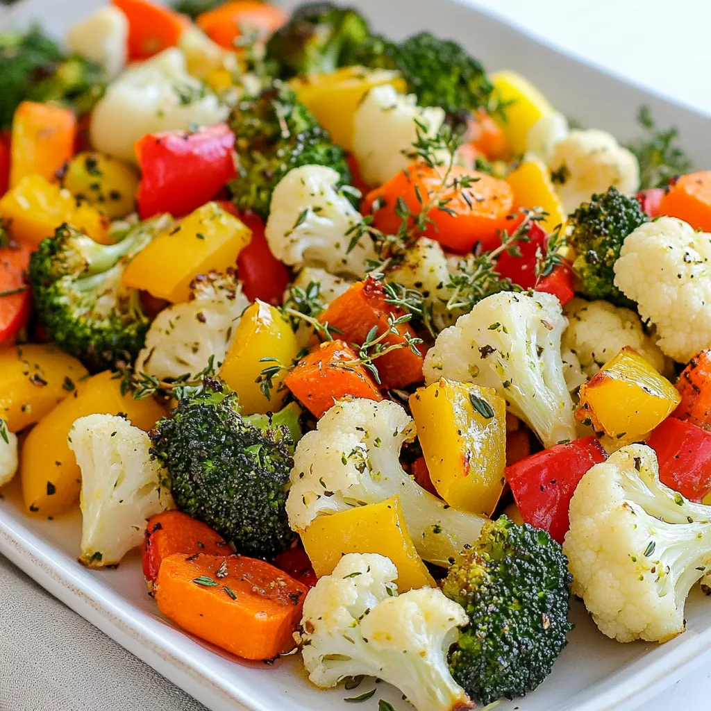 - 2 cups broccoli florets - 2 cups cauliflower florets - 1 cup carrots, sliced - 4 cloves garlic, minced - 1/4 cup olive oil - 1 tablespoon dried oregano - 1 tablespoon fresh thyme leaves - 1 red bell pepper, diced - 1 yellow bell pepper, diced - 1 medium red onion, cut into wedges - Zest of 1 lemon - Salt and pepper to taste To create the best garlic roasted vegetables, you need fresh, vibrant ingredients. I love using broccoli and cauliflower because they roast well. Carrots add a nice sweetness and color to the mix. Garlic is a must for flavor. It brings out the best in the veggies. Olive oil helps the veggies cook evenly and adds richness. Dried oregano and fresh thyme give the dish a lovely herbal note. For extra flavor, I add bell peppers and red onion. They add sweetness and crunch. A touch of lemon zest brightens everything up, while salt and pepper balance the dish. Gather these ingredients, and you’re ready to make a tasty and healthy meal. {{ingredient_image_1}} First, preheat your oven to 425°F (220°C). This step is key for getting crispy veggies. While the oven heats up, wash your vegetables. Rinse the broccoli, cauliflower, and carrots under cool water. Cut the broccoli and cauliflower into small florets. Slice the carrots into rounds. Dice the red and yellow bell peppers. Lastly, cut the red onion into wedges. Make sure all vegetables are about the same size for even cooking. In a small bowl, combine minced garlic, olive oil, dried oregano, and fresh thyme. Add the zest of one lemon for a fresh kick. Season this mixture with salt and pepper to taste. Whisk it well to mix all the flavors. Pour this garlic herb mixture over your washed vegetables. Toss them gently until every piece is well coated. This step ensures that each bite bursts with flavor. Spread the coated vegetables in a single layer on a large baking sheet. This helps them roast evenly. Place the sheet in the preheated oven and roast for 25 to 30 minutes. Halfway through, stir the veggies to ensure even cooking. You want them to turn tender and start to brown. This adds a nice texture and flavor. Once done, remove them from the oven and let them cool slightly before serving. To get the best garlic roasted vegetables, set your oven to 425°F (220°C). This high heat helps caramelize the veggies, giving them a tasty brown color. Keep an eye on cooking time. If your veggies are cut smaller, they may cook faster. Check them at 25 minutes. Stir them halfway to ensure they roast evenly. Fresh herbs can take your dish up a notch. Try adding fresh rosemary or parsley. These herbs add brightness and freshness. If you're looking for more flavor, think about adding smoked paprika or a pinch of chili flakes. These spices can give your dish a warm kick. When it's time to serve, transfer the roasted vegetables to a nice platter. Drizzle a bit more olive oil for shine and flavor. You can also sprinkle some fresh herbs on top. This adds a pop of color. Pair these veggies with grilled chicken or fish for a complete meal. They also go great with a light salad or a bed of quinoa. Pro Tips Choose Fresh Vegetables: Select vibrant, fresh vegetables for the best flavor and nutrition. Look for firm, unblemished produce to enhance your dish. Don’t Overcrowd the Pan: Spread the vegetables out in a single layer to ensure they roast evenly and get that desired caramelization. Experiment with Herbs: Feel free to mix and match herbs based on your preference. Fresh herbs can be added just before serving for a burst of flavor. Use a High-Quality Olive Oil: A good quality olive oil not only enhances the flavor but also improves the overall health benefits of your roasted vegetables. {{image_2}} You can make garlic roasted vegetables more fun by adding seasonal picks. Zucchini and asparagus are great options. They cook quickly and add a nice crunch. Root vegetables like sweet potatoes or beets also work well. They give a hearty feel and a sweet flavor. When choosing vegetables, think about what is fresh. This helps you get the best taste. Mixing different colors makes your dish look better, too. Don't be afraid to experiment! If you need a vegan or gluten-free dish, it's easy to adjust. First, check that all your ingredients are gluten-free. Most vegetables are fine, but some sauces may contain gluten. You can use oils like avocado or coconut if you want a change from olive oil. These oils can add different flavors. They also work well with garlic and herbs. Just make sure to keep the same amount for a good balance. For those who love heat, add spicy elements! Chili flakes or hot sauce can make your dish pop. Just sprinkle in the chili flakes before roasting. Start small, then add more if you like it hot. Roasted red peppers also add a smoky flavor. You can mix them in with the other veggies. This adds a nice kick without being too fiery. Enjoy playing with heat levels to find your perfect balance! To keep your garlic roasted vegetables fresh, use airtight containers. Glass or plastic containers work well. Make sure they are clean and dry before adding the veggies. This helps keep moisture out, which can make the vegetables soggy. For best results, store them in the fridge within two hours of cooking. You can freeze roasted vegetables for later use. First, let them cool completely. Then, spread them on a baking sheet in a single layer. This prevents them from sticking together. Once frozen, transfer them to freezer bags or containers. Squeeze out as much air as you can. To reheat, place them on a baking sheet at 400°F (200°C) for 15-20 minutes. This helps them regain their crispiness. In the fridge, garlic roasted vegetables last about 3-5 days. Always check for signs of spoilage. Look for any off smells, discoloration, or mushy texture. If you see any of these signs, it’s best to toss them. Enjoy your delicious veggies while they are fresh! You can easily change this recipe. Swap out any vegetable you like. For example, you can use zucchini, asparagus, or sweet potatoes. Each adds its unique flavor and texture. Mix and match based on what's in season or what you have at home. You can also adjust the herbs and spices. Try adding rosemary or basil for a new taste. If you like heat, sprinkle in some red pepper flakes. These changes let you create a dish that fits your taste. Yes, you can prepare garlic roasted vegetables in advance. Just roast them, let them cool, and store them in the fridge. They will stay fresh for about three days. When you want to eat them, reheat in the oven at 350°F (175°C) for about 15 minutes. To store for best results, use an airtight container. This helps keep the vegetables from getting soggy. Avoid stacking them too high to keep them crispy. Garlic roasted vegetables pair well with many main dishes. You can serve them with grilled chicken, fish, or steak. They also work great with vegetarian meals, like quinoa or lentils. For a complete meal, add a fresh salad or grain-based side. A simple green salad or a grain bowl with rice or farro complements the vegetables nicely. These sides make your meal balanced and full of flavor. Roasting vegetables is simple and delicious. We covered key ingredients like fresh veggies, garlic, and herbs. I shared step-by-step instructions for the perfect roast. Tips on flavor and storage enhance your cooking. You can adjust this recipe to fit your taste, easily add new ingredients, or prepare it ahead. With these ideas, you’ll enjoy tasty roasted vegetables anytime. They’re great for meals or side dishes. Now, grab your veggies and start roasting!
