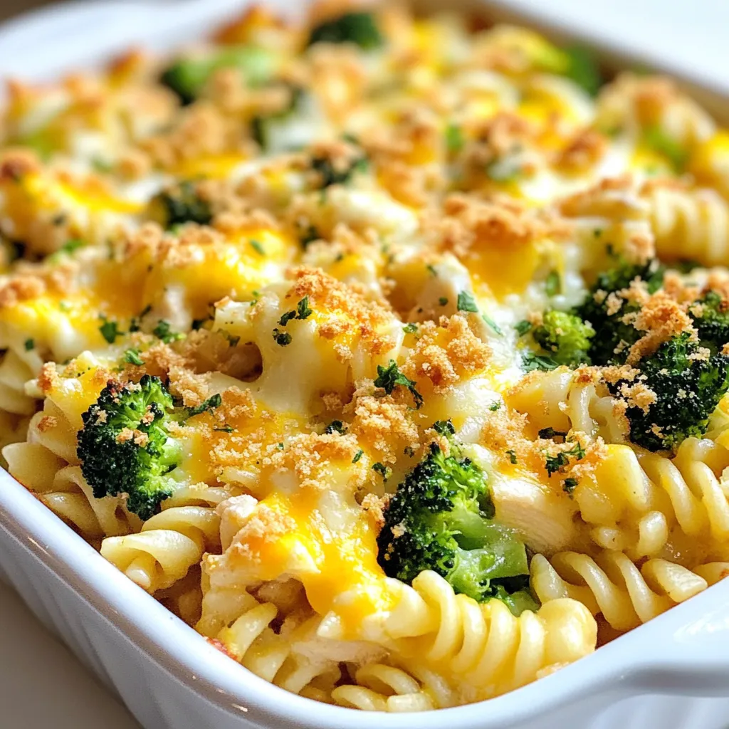 - 2 cups cooked pasta (penne or fusilli) - 2 cups cooked chicken, diced - 1 cup broccoli florets (fresh or frozen) - 2 cups shredded cheddar cheese - 1 cup shredded mozzarella cheese - 1 can (15 oz) diced tomatoes, drained - 1 cup heavy cream - Seasonings: garlic powder, onion powder, Italian seasoning, salt, and pepper - Breadcrumbs for topping - Olive oil for drizzling I love this dish for its simple yet hearty ingredients. The cooked pasta serves as the base, giving it a satisfying bite. I often use penne or fusilli, but you can pick your favorite. The diced chicken adds protein and flavor, making it filling. Broccoli brings color and nutrition to the mix. I like using fresh, but frozen works just as well. The cheese blend is key; cheddar gives a sharp taste, while mozzarella melts beautifully. Together, they create a cheesy goodness that pulls everything together. Diced tomatoes add moisture and a hint of sweetness. Don’t forget the heavy cream! It makes the dish rich and creamy. I season with garlic powder, onion powder, Italian seasoning, salt, and pepper to enhance the flavors. The breadcrumbs on top provide crunch and a golden finish. A drizzle of olive oil helps them crisp up nicely. This combination of ingredients creates a warm, comforting meal that pleases everyone. {{ingredient_image_1}} - Preheat oven to 375°F (190°C). - In a large mixing bowl, combine 2 cups of cooked pasta, 2 cups of diced chicken, and 1 cup of broccoli florets. - Add 1 can of drained diced tomatoes, 1 teaspoon of garlic powder, 1 teaspoon of onion powder, ½ teaspoon of Italian seasoning, and salt and pepper to taste. Mix well. - In a separate bowl, whisk together 1 cup of heavy cream and 1 cup of cheese. Use half cheddar and half mozzarella. - Pour this mixture over the pasta and chicken mixture, stirring gently until everything is well coated. - Transfer the mixture into a greased 9x13 inch baking dish. - Top with the remaining cheese and sprinkle ½ cup of breadcrumbs evenly across the top. - Drizzle 2 tablespoons of olive oil over the breadcrumbs for added crunch. - Bake in the preheated oven for 25-30 minutes, until the cheese is bubbling and golden brown. - Remove from the oven and let it cool for 5 minutes before serving. - Ensure pasta is al dente for best texture. This means it should be firm but not hard. - Use freshly grated cheese for improved melting. Pre-packaged cheese may not melt as well. - Garnish with parsley or basil for a fresh touch. This adds color and flavor. - Pair with a crisp salad or warm garlic bread. Both enhance the meal. - To prevent burning the top, cover with foil for part of the bake. This keeps it moist. - If your pasta bake is dry, add more cream. This will help restore moisture and creaminess. Pro Tips Use Rotisserie Chicken: For a quicker prep time, consider using store-bought rotisserie chicken instead of cooking your own. It adds great flavor and saves time! Veggie Variations: Feel free to add more vegetables like bell peppers, spinach, or mushrooms to enhance the nutrition and flavor profile. Cheese Variations: Experiment with different cheese blends such as pepper jack for a spicy kick or cream cheese for extra creaminess. Make Ahead: This dish can be assembled a day in advance and stored in the fridge. Just add a few extra minutes to the baking time if baking from cold. {{image_2}} You can switch up the cheese in this dish. Feel free to use gouda or parmesan instead of cheddar and mozzarella. Each cheese brings a unique flavor. If you want a lighter option, swap the chicken for turkey or a plant-based protein. Cooked lentils or chickpeas work great here. Adding more veggies boosts flavor and nutrition. Spinach adds a lovely green touch. Bell peppers bring a sweet crunch, while zucchini lends a mild taste. You can also toss in frozen or fresh mixed vegetables. Just make sure they are cut small enough to cook evenly. If you want to try a slow cooker version, mix all the ingredients as usual. Cook on low for 4-6 hours. For an Instant Pot adaptation, combine the ingredients, adding a little extra liquid. Cook on high for about 8 minutes. Both methods will give you a creamy, cheesy delight! To store leftovers, let the cheesy chicken pasta bake cool. Then, place it in an airtight container. This keeps the dish fresh and tasty. You can store it in the fridge for up to four days. If the dish smells off or looks strange, toss it out. Safety first! If you want to keep it longer, freezing is a great option. Portion the pasta bake into smaller containers. Make sure to label them with the date. You can freeze it for up to three months. When you're ready to eat it, thaw it overnight in the fridge. This helps keep the flavors intact. For reheating, the oven is best. Preheat it to 350°F (175°C). Place the pasta bake in an oven-safe dish. Cover it with foil to keep it moist. Bake for about 20 minutes. If you use a microwave, heat it in short bursts. Stir in between to heat evenly. This helps maintain texture and flavor. Enjoy your meal! The best pasta for this dish is penne or fusilli. Both types hold sauce well and add great texture. Penne’s tube shape traps cheese and cream inside, while fusilli's spirals catch bits of chicken and veggies. You can also use other pastas like rotini or shells. Just make sure to cook it al dente, so it doesn’t get mushy in the bake. Yes, you can prepare this dish ahead of time. Assemble the pasta bake, cover it tightly, and store it in the fridge for up to 24 hours. This makes it perfect for busy days or gatherings. Just remember to add a few extra minutes to the baking time if it’s cold from the fridge. To make this cheesy chicken pasta bake gluten-free, use gluten-free pasta. Many brands offer options that taste great. Ensure all other ingredients, like cream and broth, are gluten-free as well. Always check labels to avoid hidden gluten in sauces or seasonings. Great sides to serve with this dish include a fresh salad or garlic bread. A simple green salad adds crunch and brightness. Garlic bread complements the cheesy flavors and is perfect for scooping up any extra sauce. For a veggie boost, consider serving steamed or roasted vegetables on the side. Yes, you can substitute heavy cream with lighter options. Use half-and-half for a creamier texture with less fat. You can also use whole milk, but the dish may be less rich. If you want a non-dairy option, try coconut milk or cashew cream. These can add a nice flavor twist to your bake. This blog post covered a tasty cheesy chicken pasta bake. We shared the key ingredients, step-by-step instructions, and helpful tips. You learned about ingredient swaps and how to store leftovers. Remember, cooking should be fun and easy. Don't hesitate to tweak the recipe to fit your taste. This dish is perfect for family meals or gatherings, and you can enjoy it again with leftovers. Happy cooking!