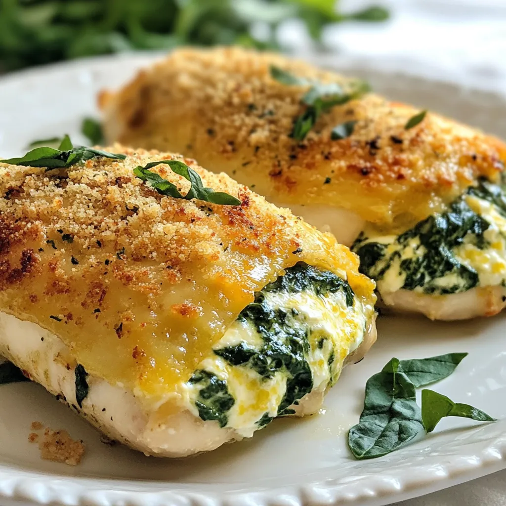 - 4 boneless, skinless chicken breasts - 2 cups fresh spinach, chopped - 1 cup feta cheese, crumbled - 1/2 cup cream cheese, softened - 2 cloves garlic, minced - 1 teaspoon dried oregano - 1 teaspoon lemon zest - 1/2 cup sun-dried tomatoes, chopped (optional) - Salt and pepper - 2 tablespoons olive oil - 1/2 cup breadcrumbs (for topping, optional) The key to great spinach feta stuffed chicken breasts is in the ingredients. First, you need boneless, skinless chicken breasts. They provide a blank canvas for all the flavors. Next, grab some fresh spinach. This leafy green adds a bright taste and vital nutrients. Feta cheese brings a salty kick, while cream cheese makes the filling creamy and rich. For flavor, I recommend mincing garlic and adding dried oregano. These two ingredients elevate the dish. A touch of lemon zest brightens the filling, adding a fresh aroma. If you want, sun-dried tomatoes can add a sweet tang. When it comes to seasoning, salt and pepper are essential. They enhance the chicken and filling. Use olive oil to sear the chicken and add richness. If you like a crispy top, consider sprinkling breadcrumbs for added crunch. Each ingredient plays a role in creating a savory delight. Together, they make spinach feta stuffed chicken breasts a wholesome meal. {{ingredient_image_1}} To start, we need to sauté the spinach and garlic. Heat a skillet over medium heat and add one tablespoon of olive oil. Once it's hot, add two minced garlic cloves. Cook for about 30 seconds until fragrant, then toss in two cups of chopped spinach. Sauté for about two to three minutes. The spinach should wilt nicely. Next, we mix the filling ingredients. In a bowl, combine the sautéed spinach, one cup of crumbled feta cheese, and half a cup of softened cream cheese. Add one teaspoon of dried oregano, one teaspoon of lemon zest, and season with salt and pepper to taste. If you like, mix in half a cup of chopped sun-dried tomatoes. Stir everything until it's smooth and well combined. Now, let's prepare the chicken. Take four boneless, skinless chicken breasts and make a pocket in each one. Slice horizontally through the thickest part, but be careful not to cut all the way through. Once you have the pockets ready, fill each one generously with the spinach and feta filling. If needed, use toothpicks or kitchen twine to secure the openings. Season the outside of the stuffed chicken with salt and pepper for extra flavor. We will use a searing technique for the chicken. In the same skillet, add another tablespoon of olive oil. Heat it over medium-high heat. Sear each stuffed chicken breast for about four to five minutes on each side until they turn golden brown. After searing, transfer the chicken to a baking dish. If you want a crunchy topping, sprinkle half a cup of breadcrumbs on top. Now, bake the chicken in your preheated oven at 375°F (190°C) for 20 to 25 minutes. Make sure the chicken reaches an internal temperature of 165°F (75°C). Finally, let it rest for five minutes before you enjoy it. To ensure even cooking, always use a meat thermometer. Insert it into the thickest part of the chicken. The chicken should reach 165°F (75°C) to be safe to eat. This method keeps the chicken juicy and tender. Searing the chicken first helps lock in moisture and flavor. Also, avoid crowding the pan when searing. This way, you get a nice golden crust. For extra flavor, try adding fresh herbs like basil or parsley. A pinch of red pepper flakes can give a spicy kick. You can also mix in some olives or roasted red peppers for a twist. If you love cheese, try mixing in mozzarella for a creamy touch. You could sprinkle breadcrumbs on top for a crunchy finish. When serving, place the chicken on a bed of sautéed vegetables. This adds color and nutrition to your plate. You can also serve it with rustic bread for a hearty meal. For garnishing, sprinkle fresh herbs like parsley or dill on top. This brightens the dish and makes it look appealing. A lemon wedge adds a lovely touch and a hint of freshness. Pro Tips Use Fresh Spinach: For the best flavor and texture, opt for fresh spinach rather than frozen. It enhances the dish's overall freshness. Feta Quality Matters: Choose high-quality feta cheese for a richer taste. Crumbled feta from a block often has better flavor than pre-crumbled varieties. Secure the Fillings: Use toothpicks or kitchen twine to keep the chicken breasts closed after stuffing. This prevents the filling from leaking out during cooking. Rest Before Serving: Let the chicken rest for a few minutes after baking. This helps the juices redistribute, ensuring a moist and tender bite. {{image_2}} You can change the cheese in this recipe. Try goat cheese for a tangy twist. Mozzarella also works well and melts nicely. You can mix it up with other soft cheeses too. For veggies, add some chopped mushrooms or bell peppers. They bring extra flavor and color. Zucchini or kale can also make great additions. Just sauté them with the spinach. If you need gluten-free options, skip the breadcrumbs. You can use crushed nuts or seeds instead for crunch. Almonds or pumpkin seeds add a nice touch. For a low-fat version, use reduced-fat cream cheese. You can also cut back on the feta cheese. This way, you still have the flavor without too many calories. Serve your stuffed chicken with a side of roasted vegetables. They add color and health. Mashed potatoes or a light salad also pair well. For sauces, a simple lemon sauce adds brightness. You can also use a fresh herb pesto or a yogurt dip. These sauces will enhance the meal and add more flavors. To keep your spinach feta stuffed chicken breasts fresh, store them in the fridge. Use an airtight container to seal in moisture and flavor. They stay good for about 3 to 4 days. If you want to keep them longer, freezing is a great option. Wrap each stuffed chicken breast in plastic wrap, then place them in a freezer-safe bag. They can last up to 3 months in the freezer. Reheat your stuffed chicken in the oven or on the stovetop. For the oven, set it to 350°F (175°C) and heat for about 15 minutes. This keeps the chicken juicy. If using the stovetop, cook on low heat, covered. This helps it warm evenly. Avoid the microwave, as it can make the chicken rubbery. Stuffed chicken can last up to 4 days in the fridge. If you freeze it, it can last up to 3 months. Always check for signs of spoilage before eating. Look for changes in color or smell. If it seems off, it’s best to throw it away. To know when your stuffed chicken is done, check the internal temperature. Use a meat thermometer. The chicken should reach 165°F (75°C). This ensures it’s safe to eat. Look for juices that run clear when pierced. If they are pink, it needs more cooking. The chicken should feel firm to the touch. Yes, you can make stuffed chicken ahead of time. Prepare the filling and stuff the chicken breasts. Then, cover and chill them in the fridge. You can do this a day before cooking. When ready to cook, just sear and bake as usual. If you make it ahead, let the chicken sit at room temp for 15 minutes before cooking. This helps it cook evenly. You have many options for sides. Here are some tasty ideas: - A fresh garden salad with a light vinaigrette. - Roasted vegetables, such as carrots and broccoli. - Mashed potatoes or creamy polenta for a cozy touch. - Quinoa or rice pilaf for a healthy grain. - Garlic bread or crusty rolls to soak up juices. These sides pair well and make your meal complete. This blog post covered how to make delicious Spinach Feta Stuffed Chicken Breasts. We explored the main ingredients, seasoning options, and step-by-step cooking instructions. I shared tips to enhance flavors, variations for different diets, and storage methods for leftovers. Remember, you can get creative with your ingredients and plating. With these insights, you can make a tasty dish that impresses everyone. Enjoy your cooking adventure and make each meal a bit special.
